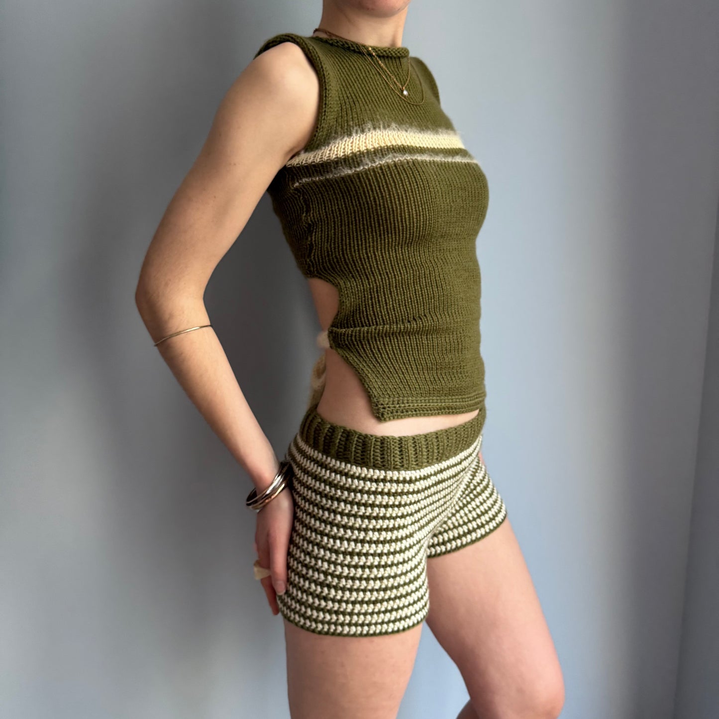 Handmade khaki green and cream striped crochet shorts