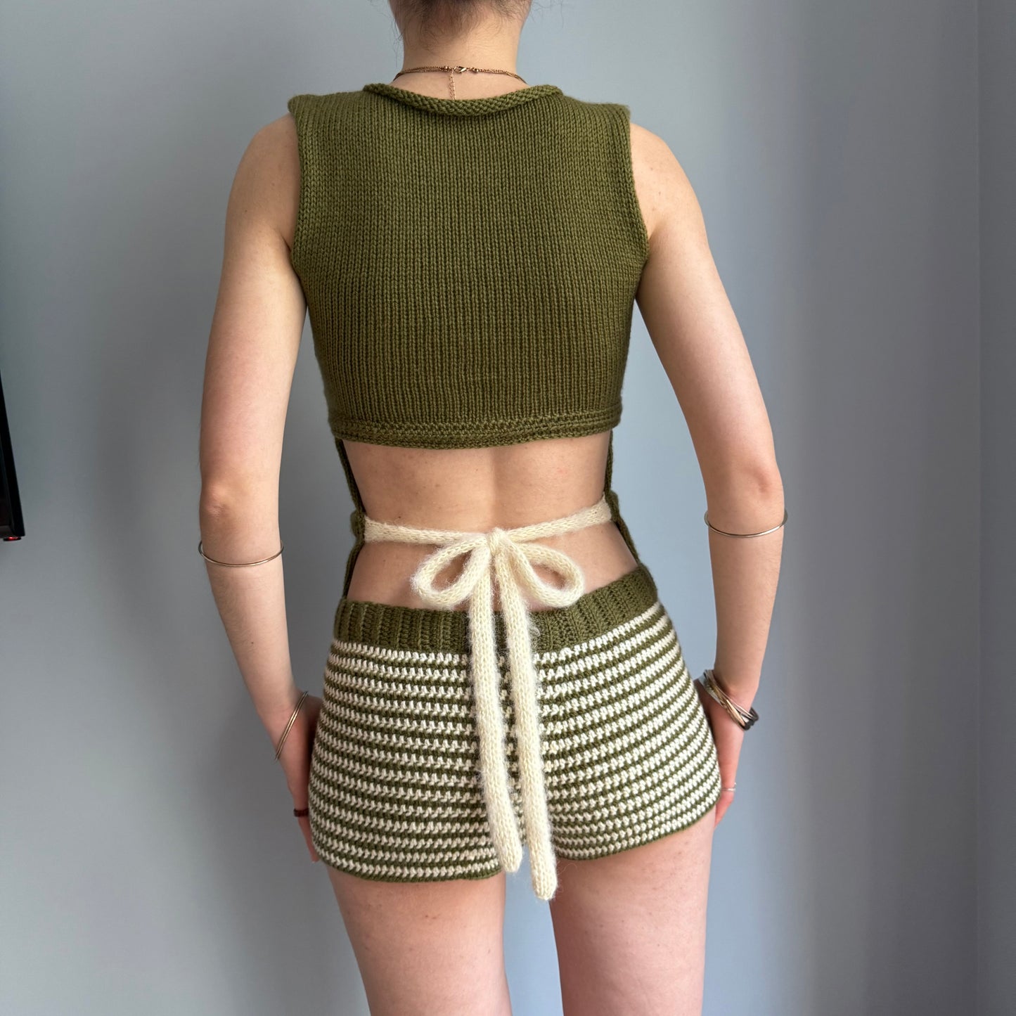Handmade khaki green and cream striped crochet shorts