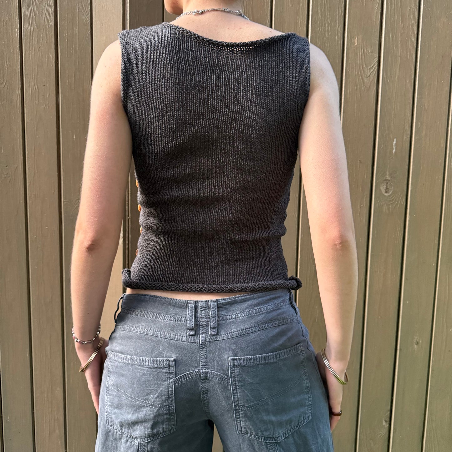Handmade knitted Pearl Vest in charcoal grey with mother of pearl buttons