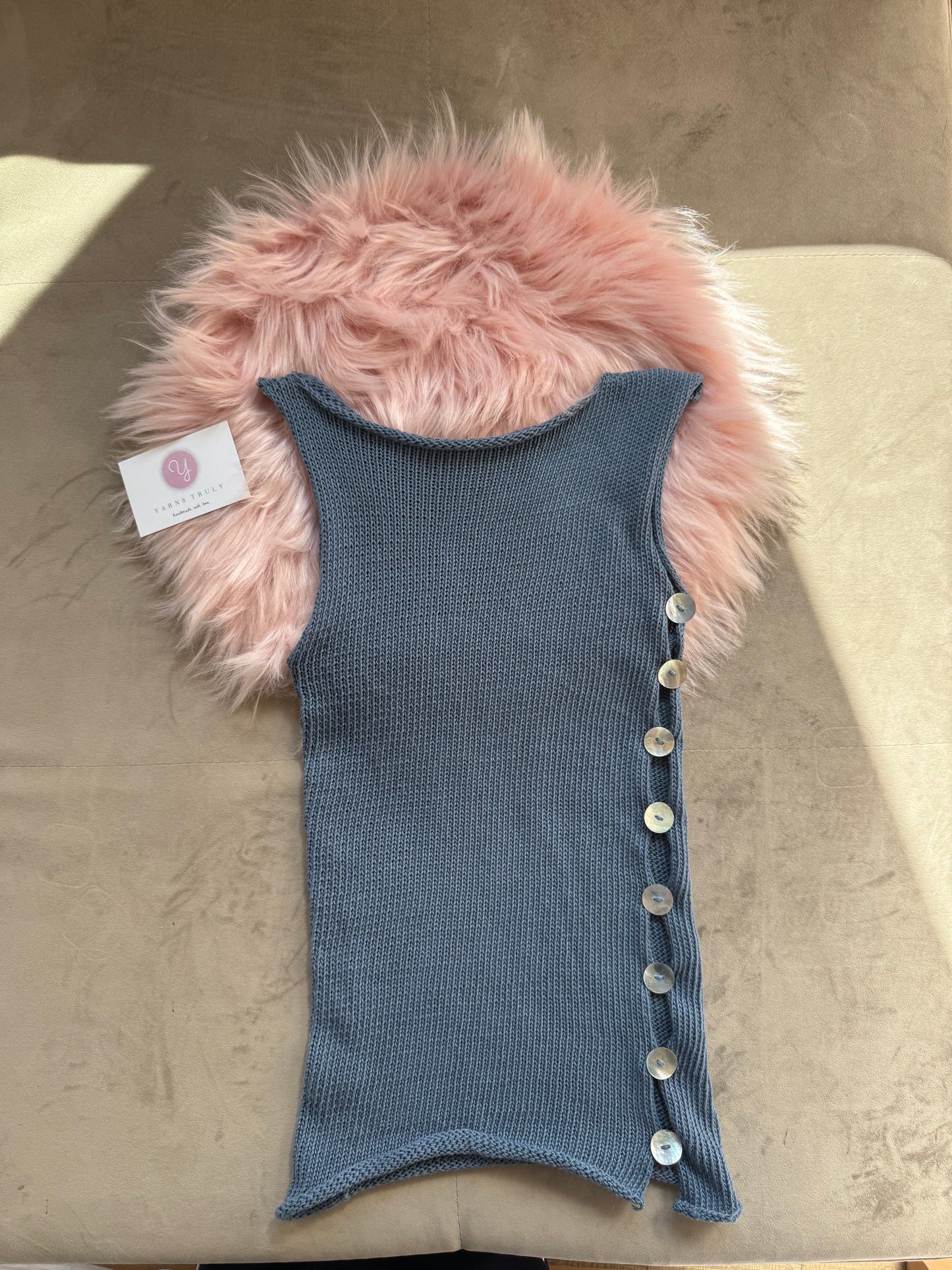 The Pearl Vest - handmade denim blue knitted vest with mother of pearl buttons