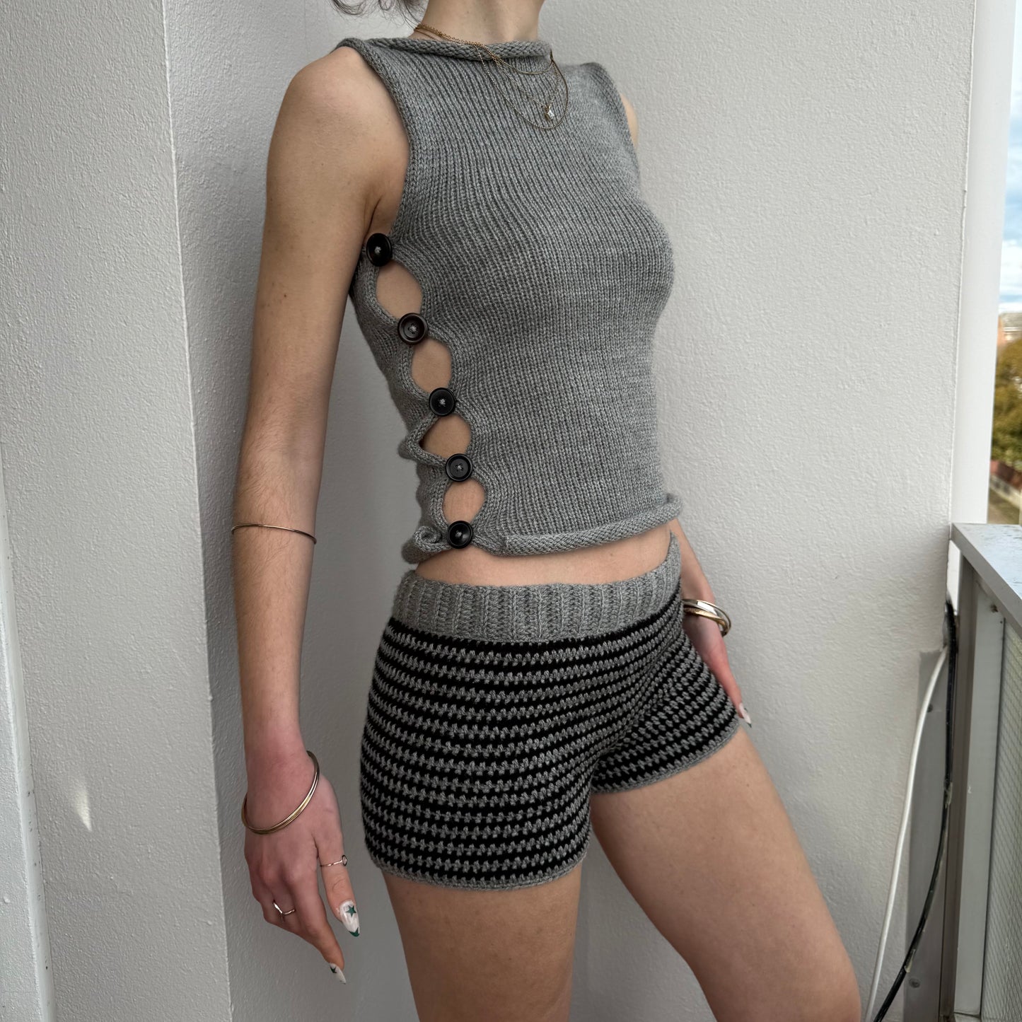 Handmade grey and black striped crochet shorts