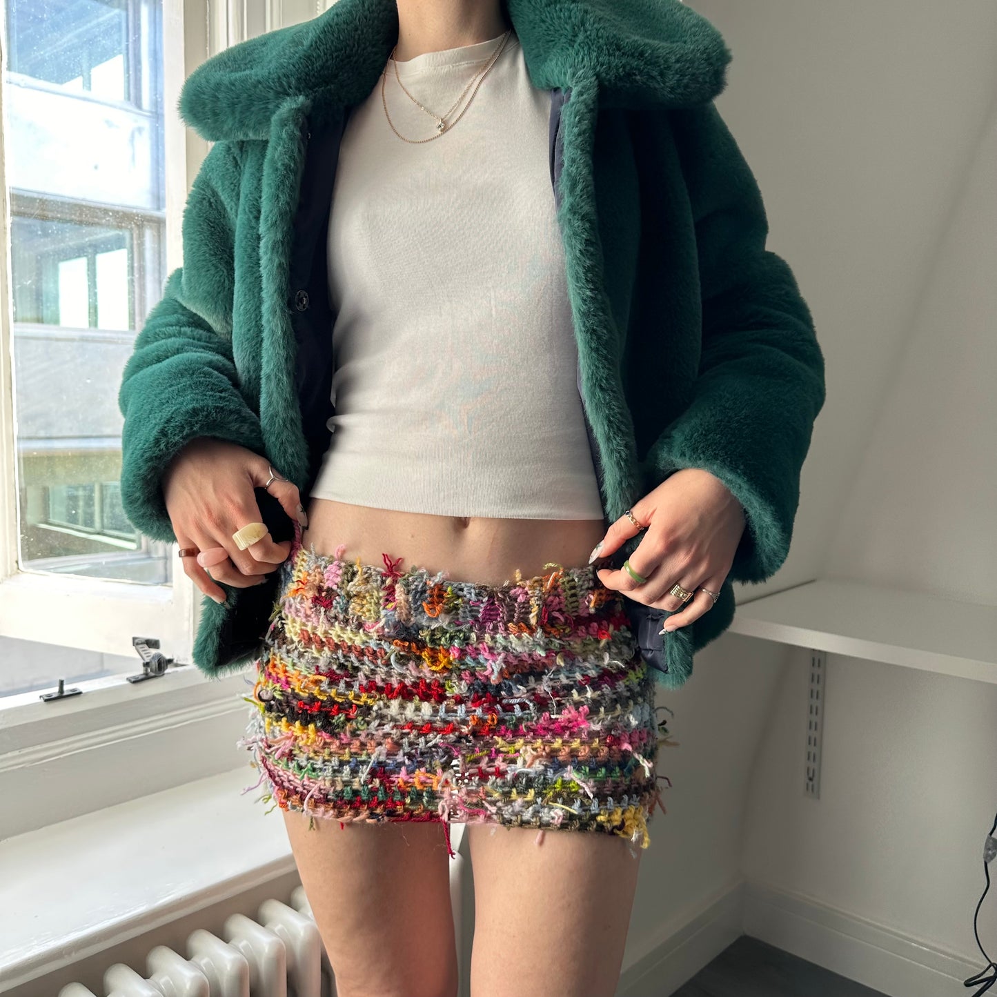 Handmade scrappy crochet mini skirt - 1 of 1, made of leftover yarn scraps (pre made)