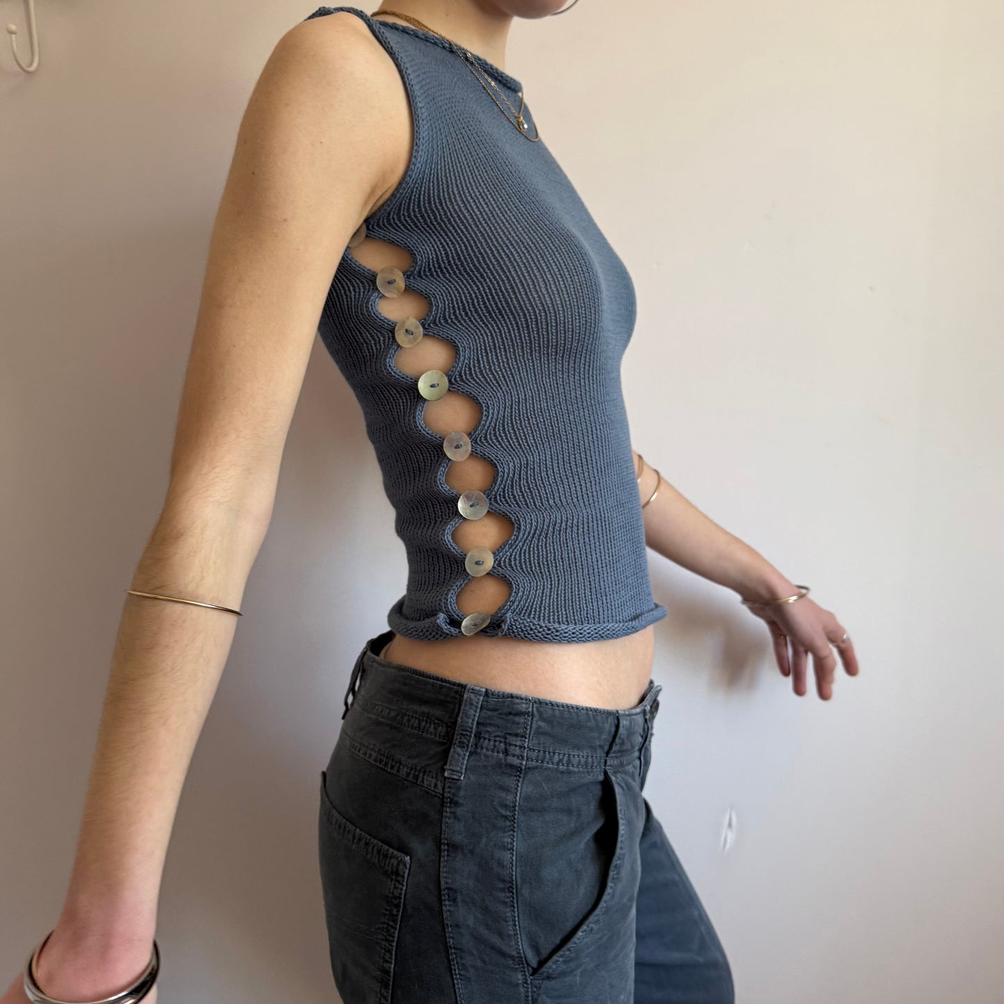 The Pearl Vest - handmade denim blue knitted vest with mother of pearl buttons