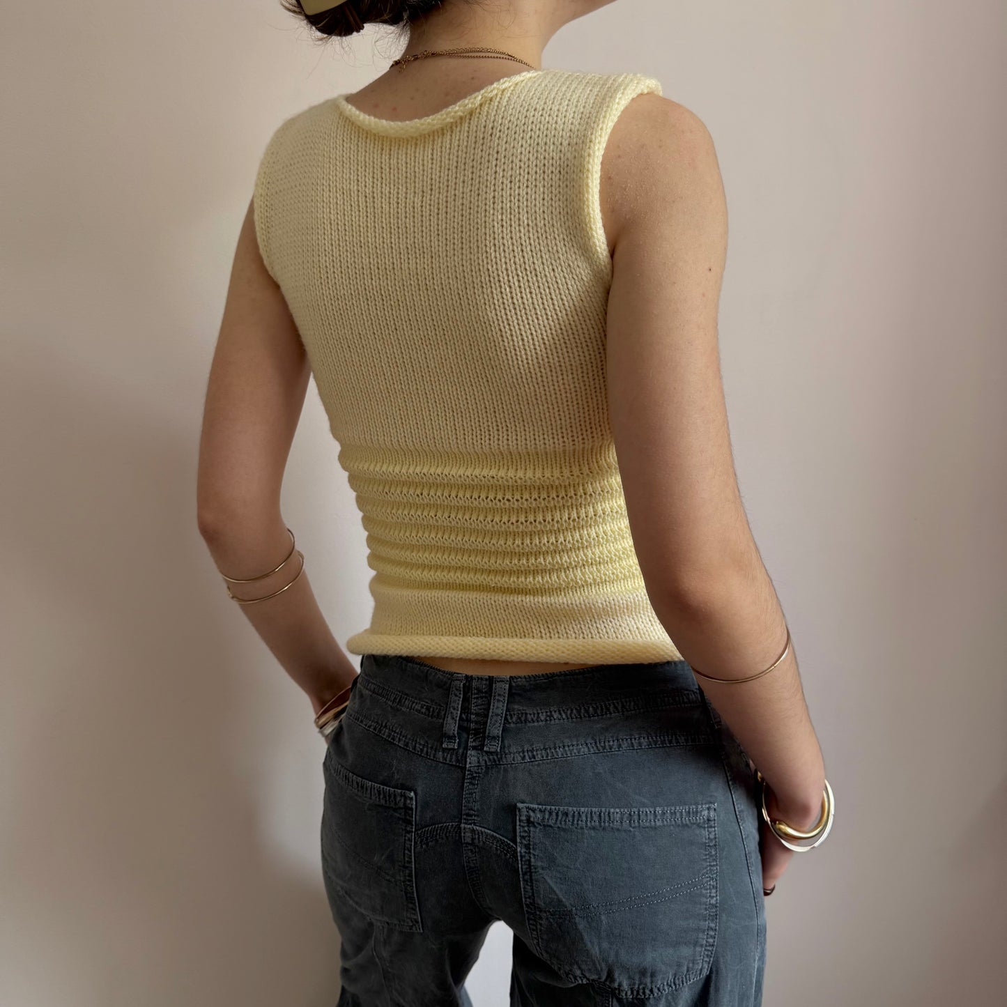 Handmade butter yellow shirred knitted vest