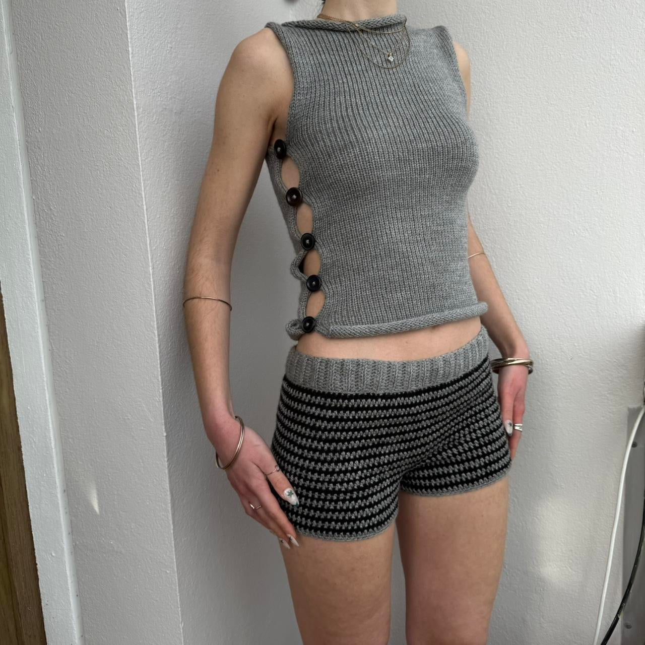 Handmade grey and black striped crochet shorts