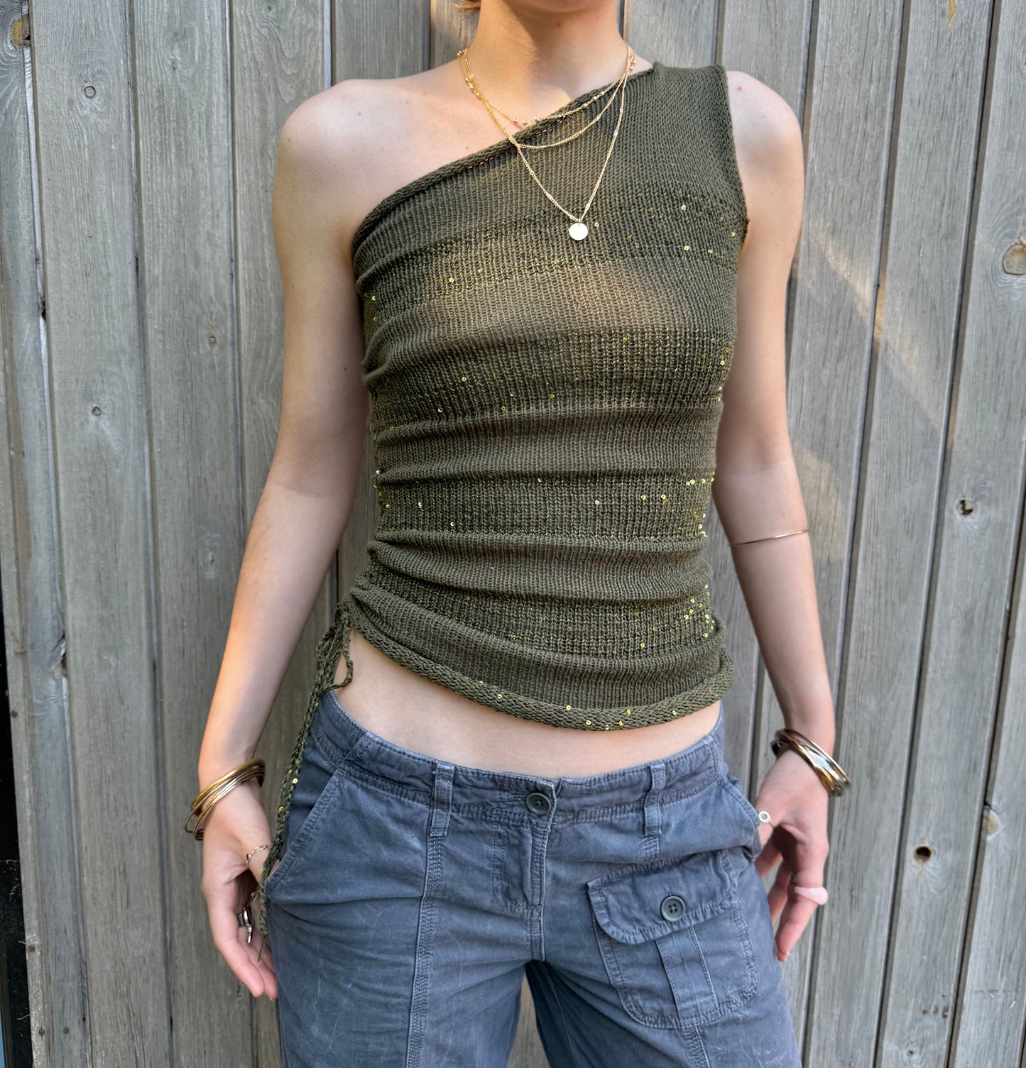 Handmade sparkly draped one shoulder knit top in forest green - cotton