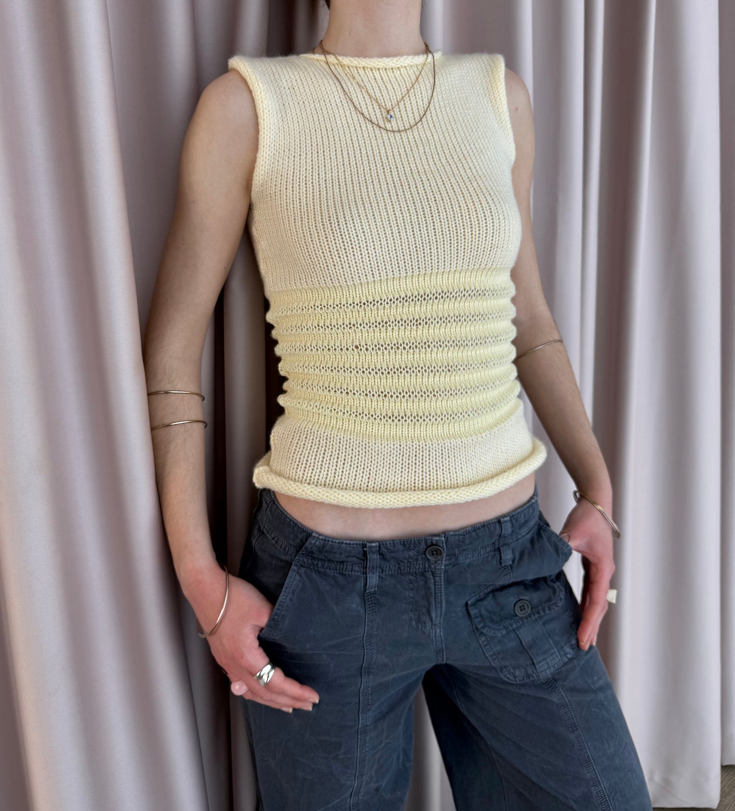 Handmade butter yellow shirred knitted vest