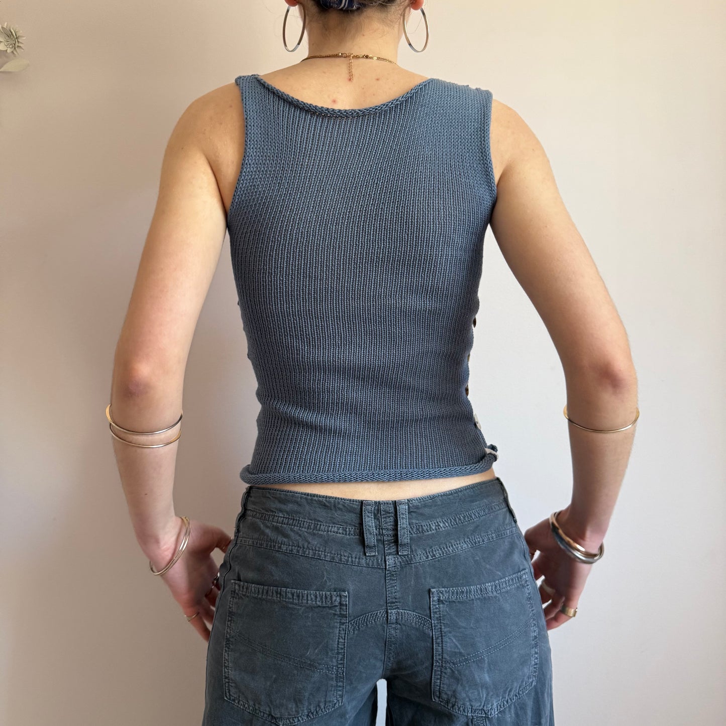 The Pearl Vest - handmade denim blue knitted vest with mother of pearl buttons