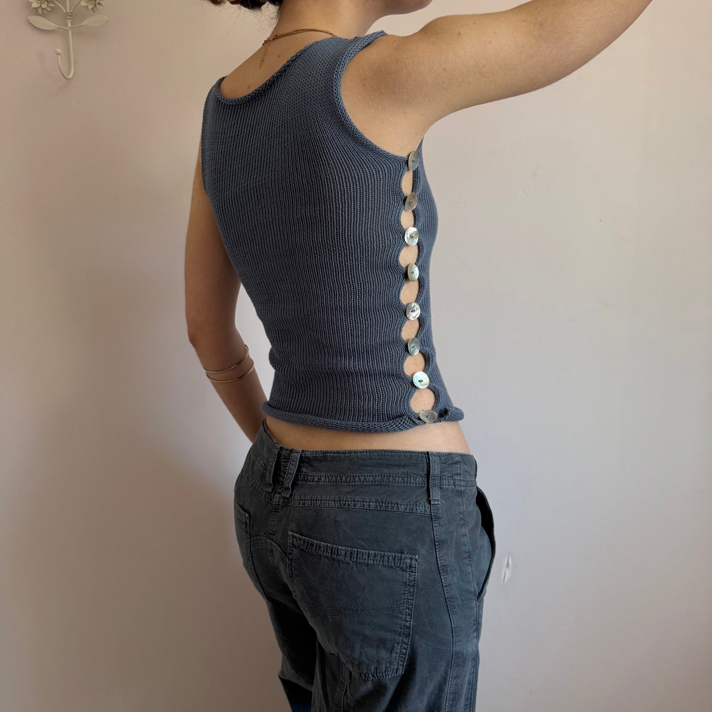 The Pearl Vest - handmade denim blue knitted vest with mother of pearl buttons