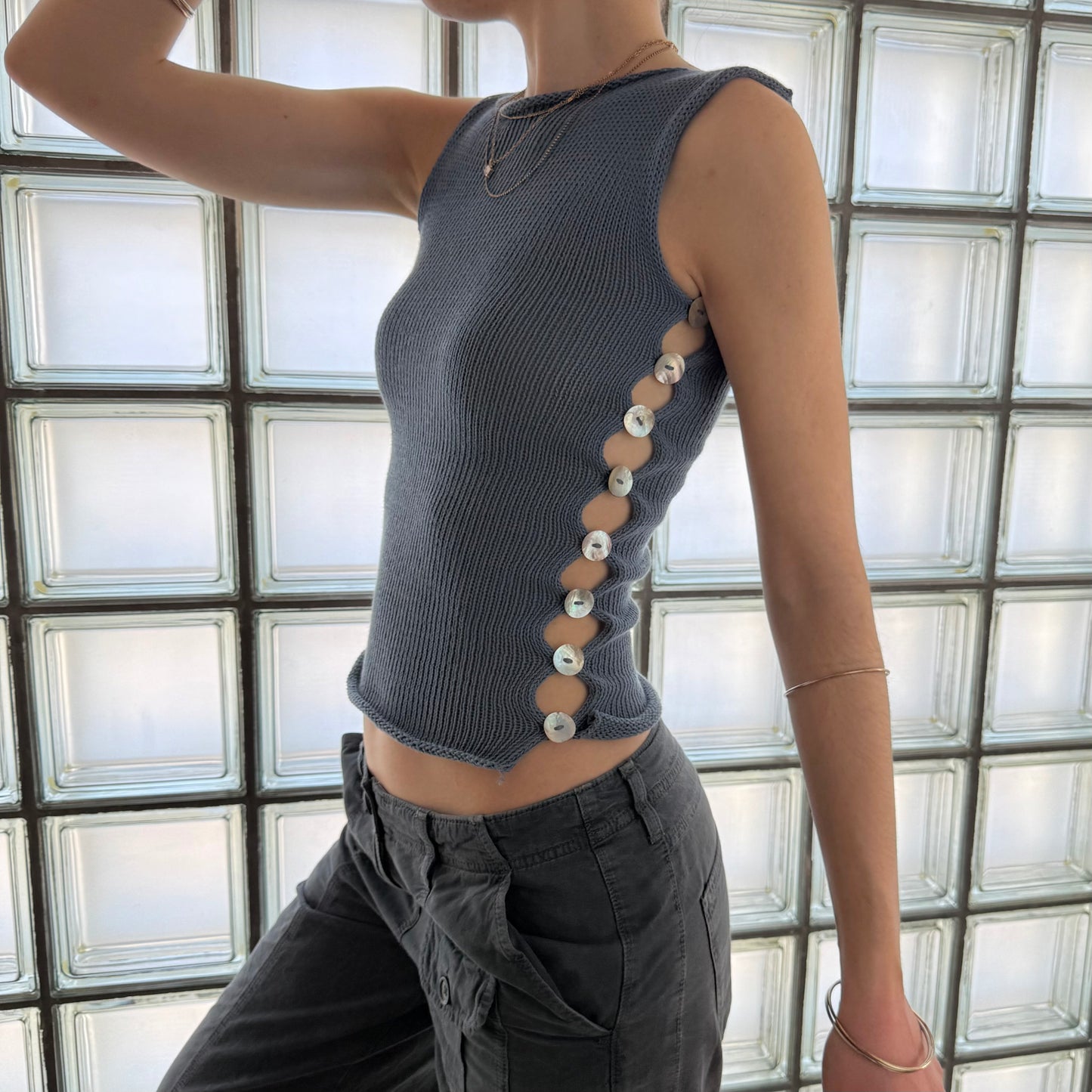 The Pearl Vest - handmade denim blue knitted vest with mother of pearl buttons