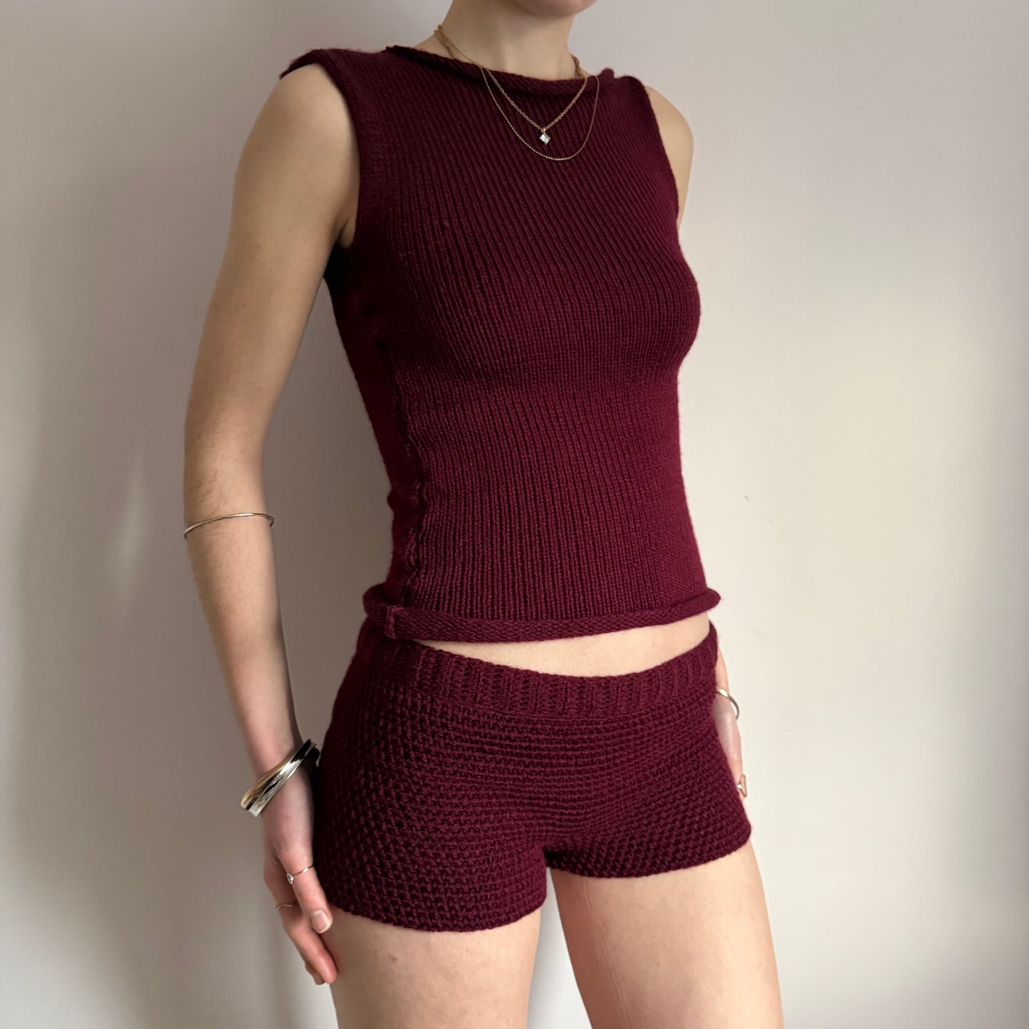 Handmade burgundy off the shoulder knit vest