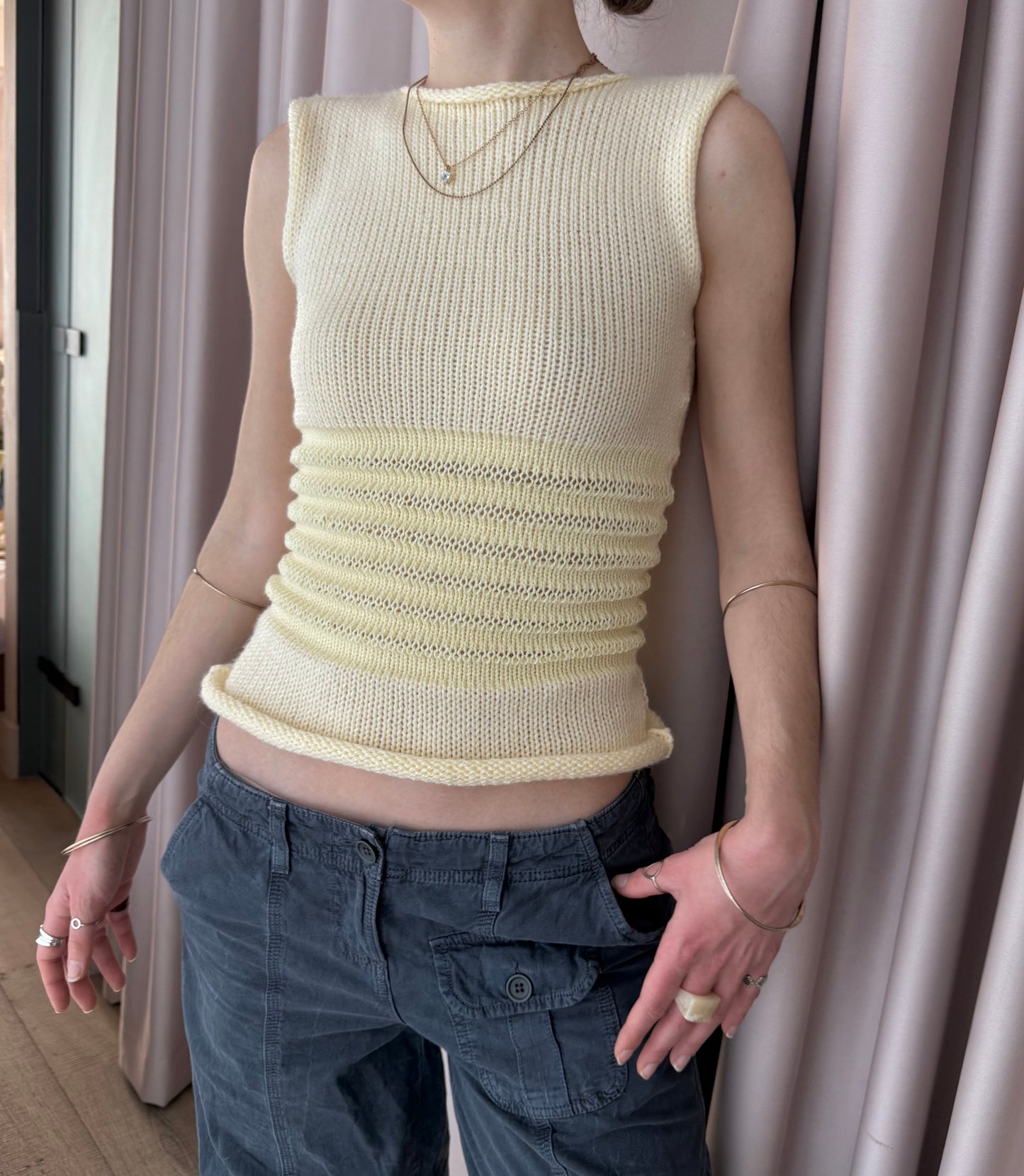 Handmade butter yellow shirred knitted vest
