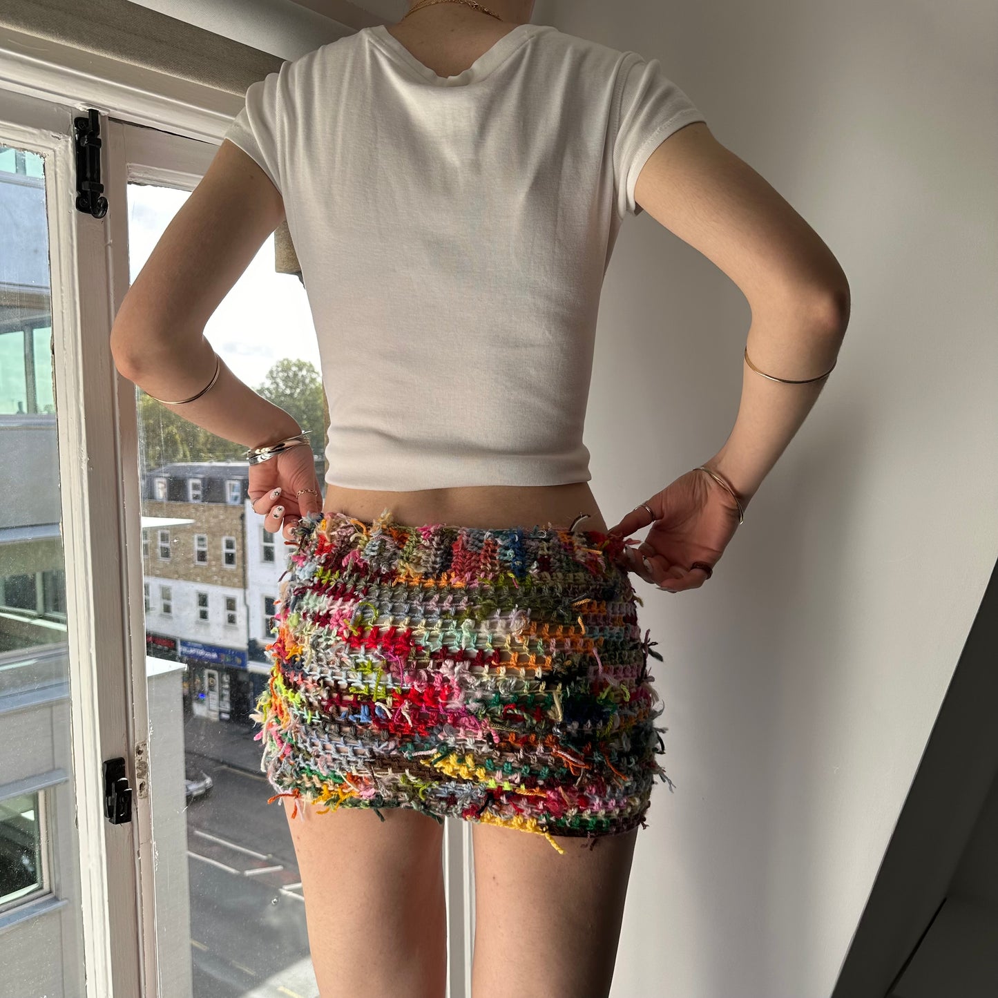 Handmade scrappy crochet mini skirt - 1 of 1, made of leftover yarn scraps (pre made)