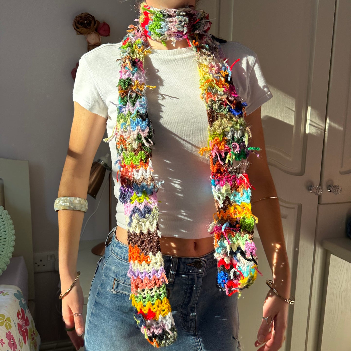 Handmade scrappy crochet skinny scarf - 1 of 1, made of leftover yarn scraps