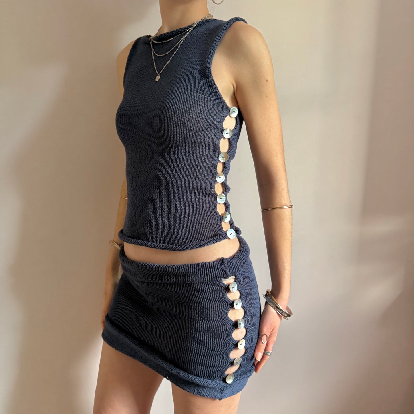 The Pearl Set in navy - handmade knitted vest with mother of pearl buttons & matching mini skirt