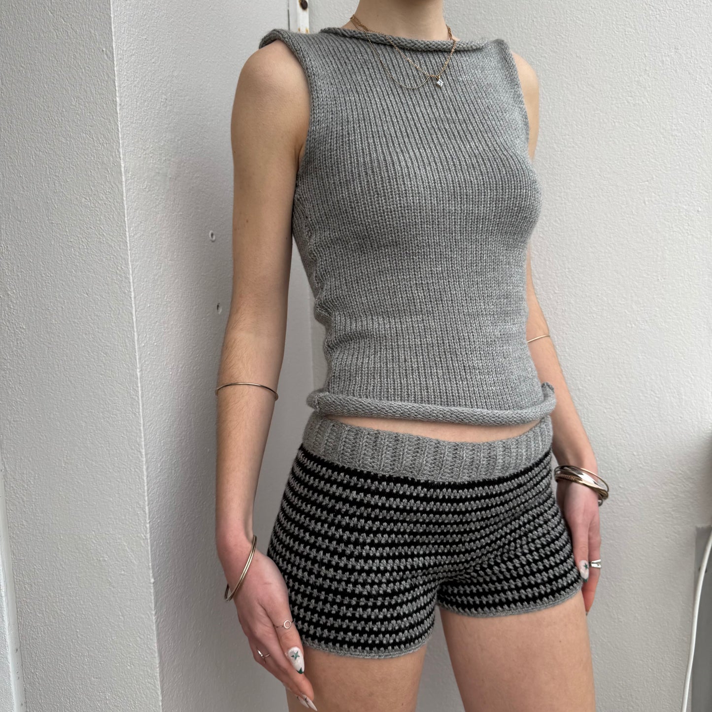 Handmade grey and black striped crochet shorts