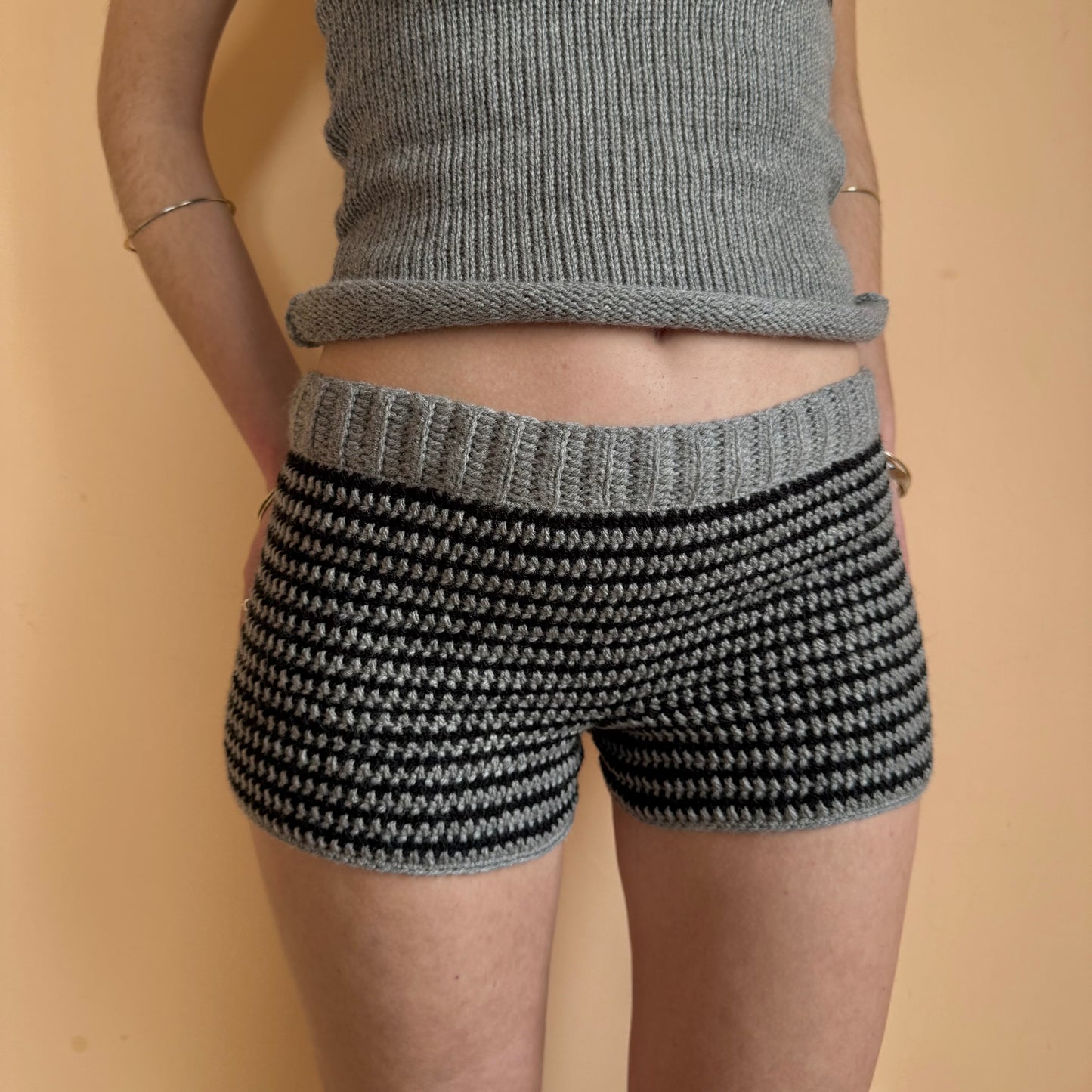 Handmade grey and black striped crochet shorts