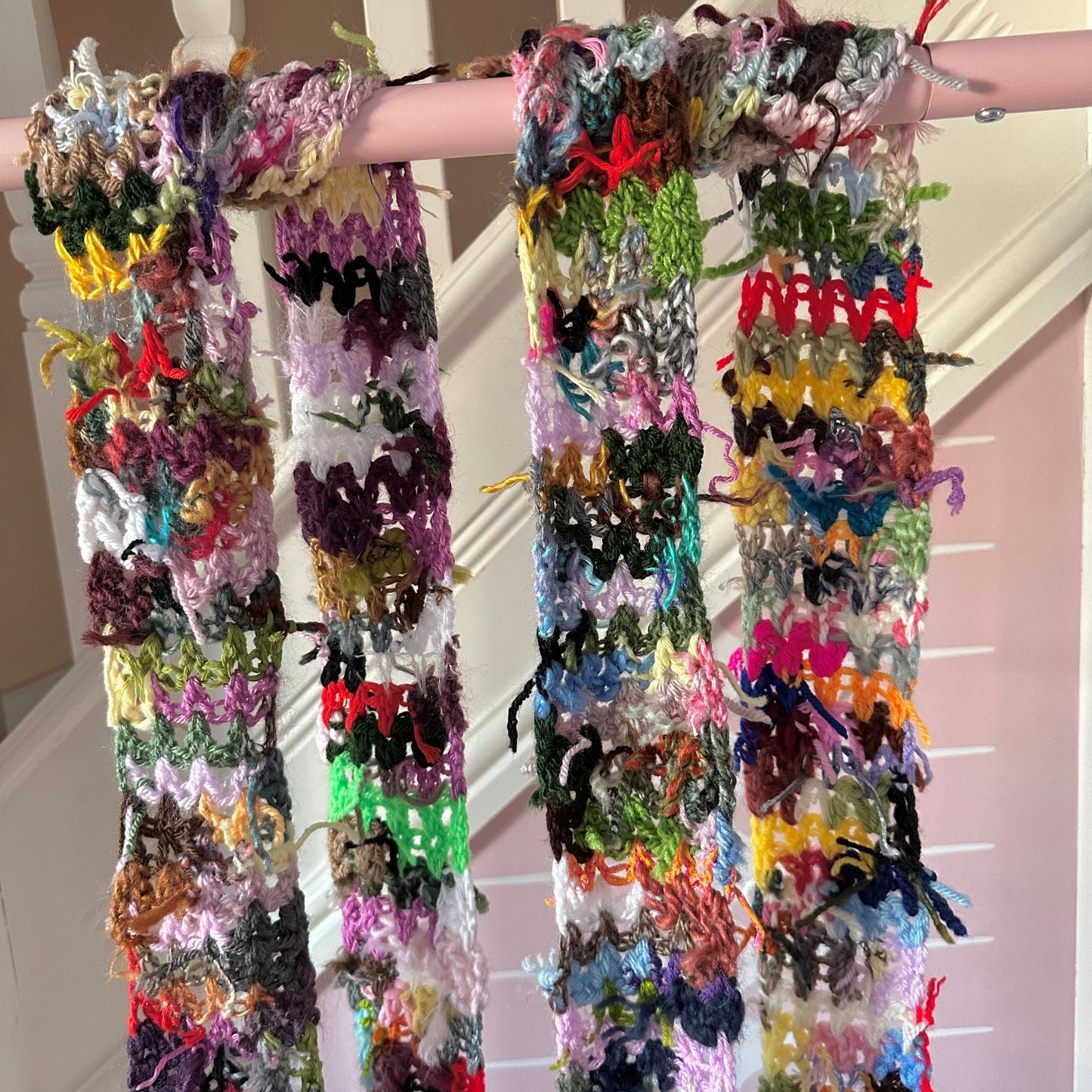 Handmade scrappy crochet skinny scarf - 1 of 1, made of leftover yarn scraps