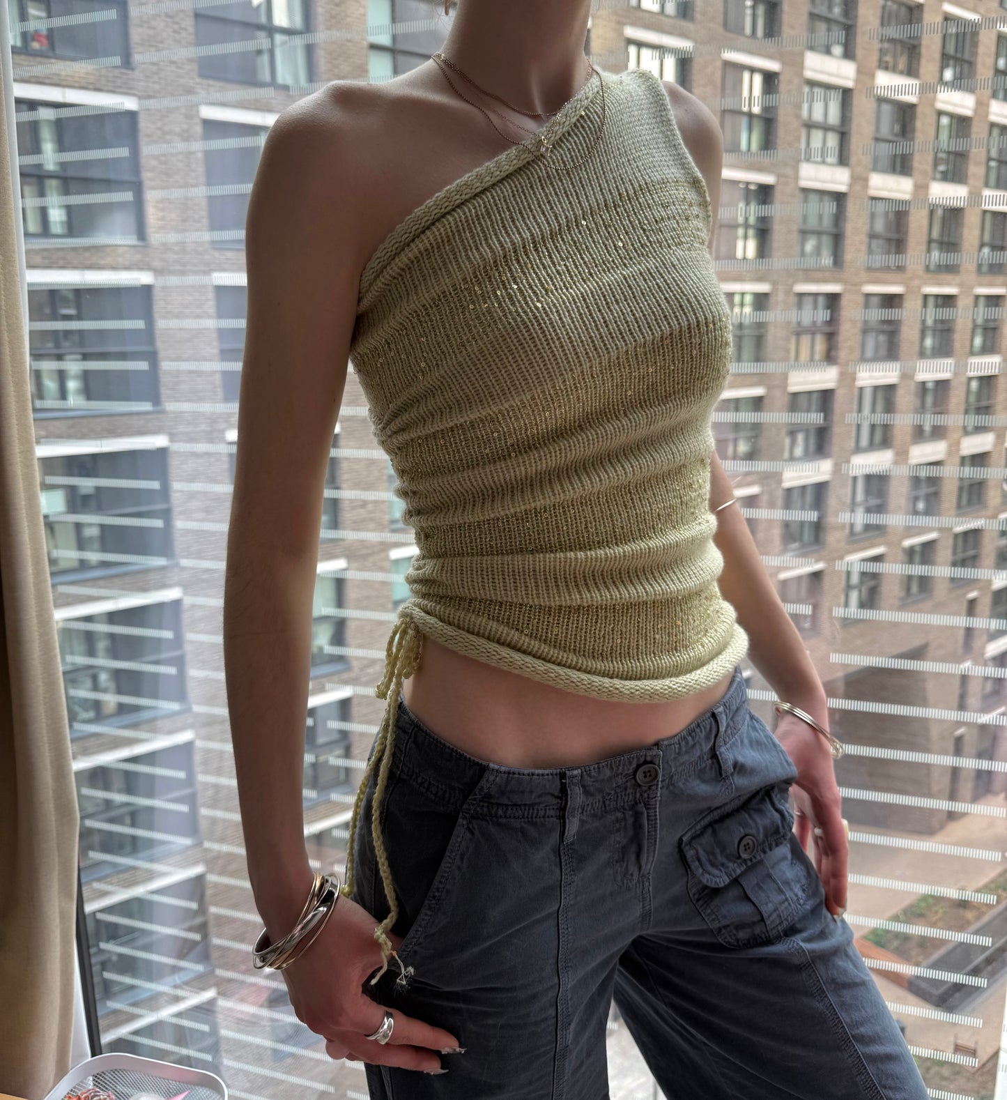 Handmade sparkly draped one shoulder knit top in matcha green