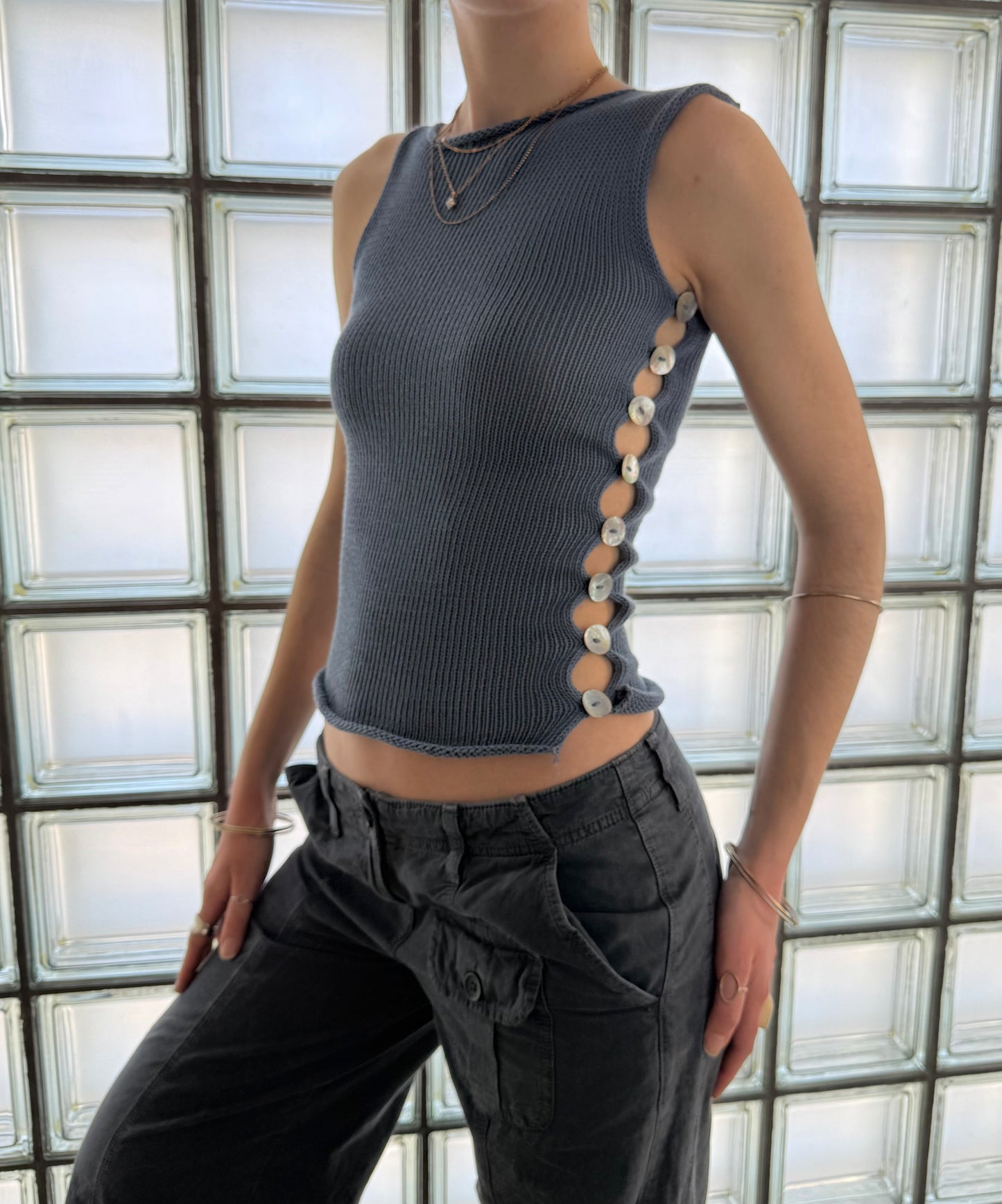 The Pearl Vest - handmade denim blue knitted vest with mother of pearl buttons