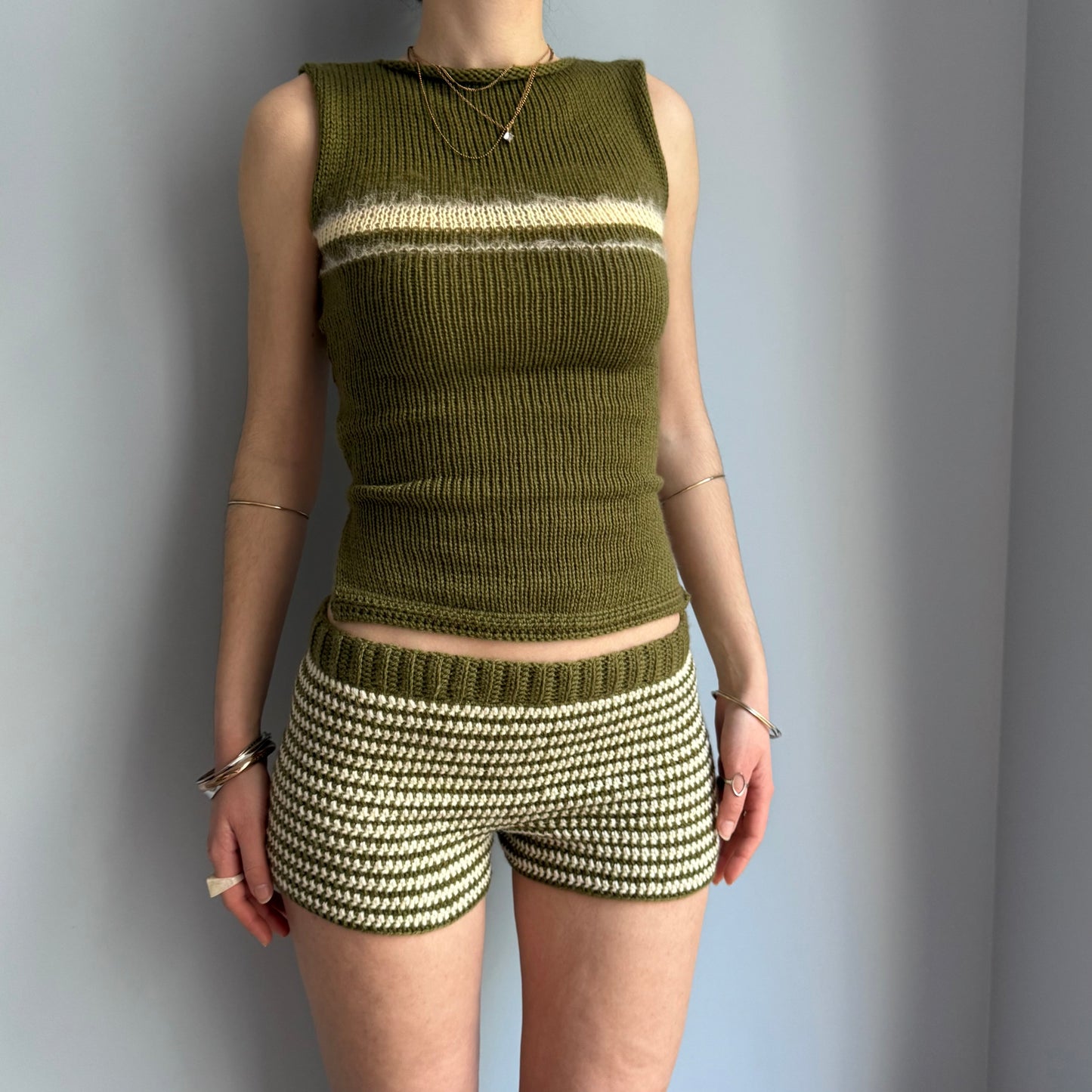 Handmade khaki green and cream striped crochet shorts
