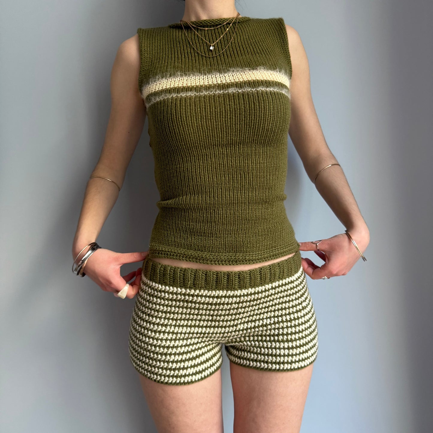 Handmade khaki green and cream striped crochet shorts