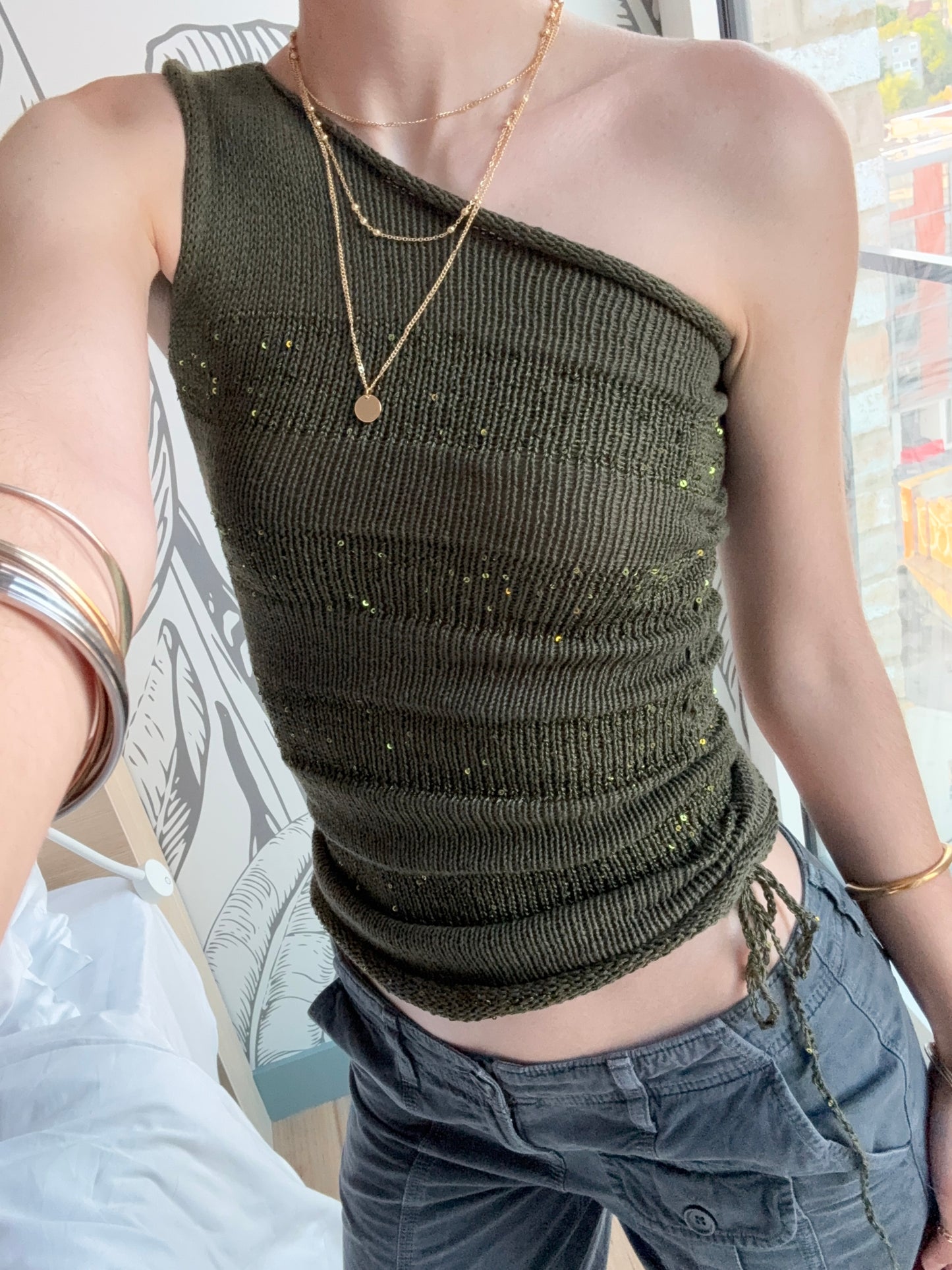 Handmade sparkly draped one shoulder knit top in forest green - cotton
