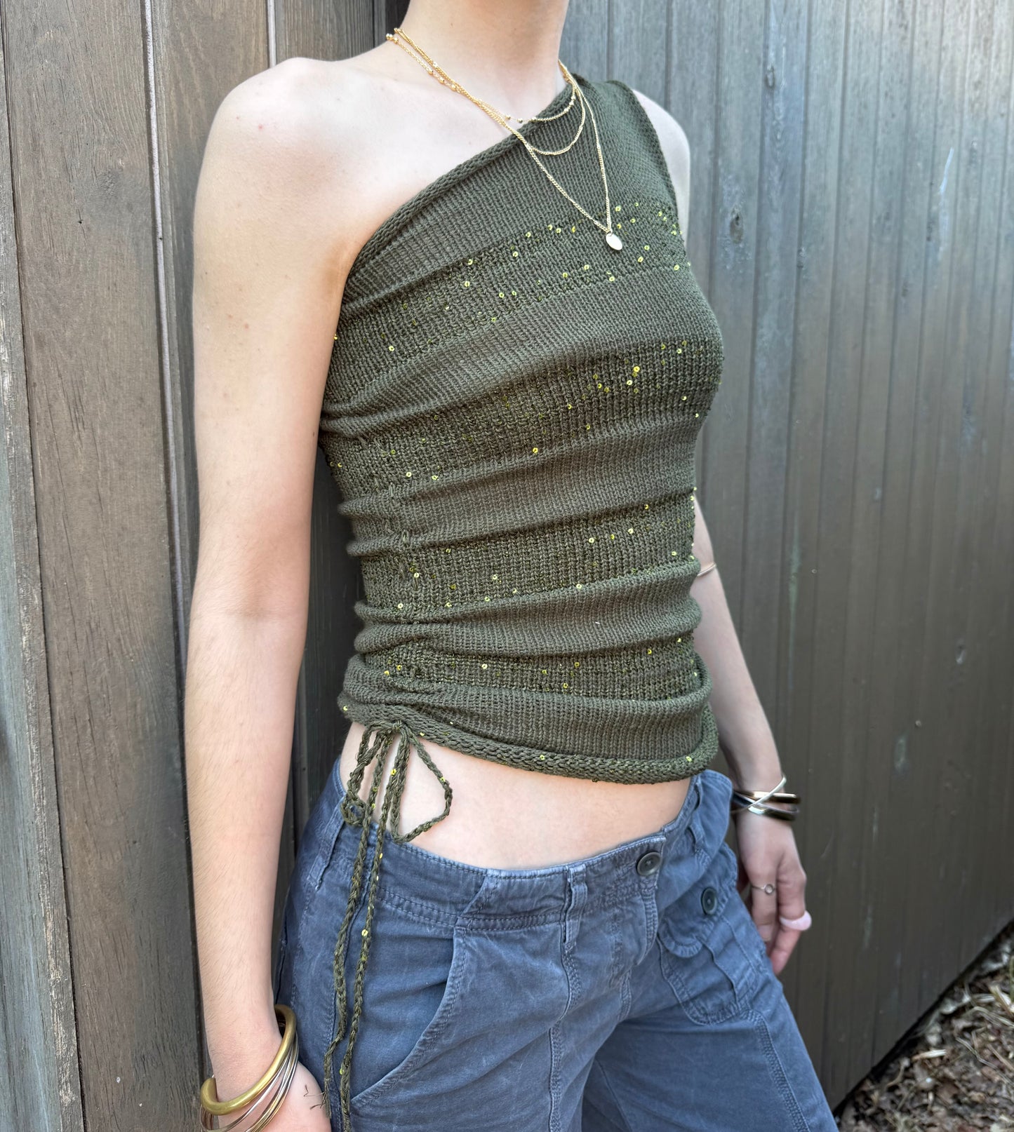 Handmade sparkly draped one shoulder knit top in forest green - cotton