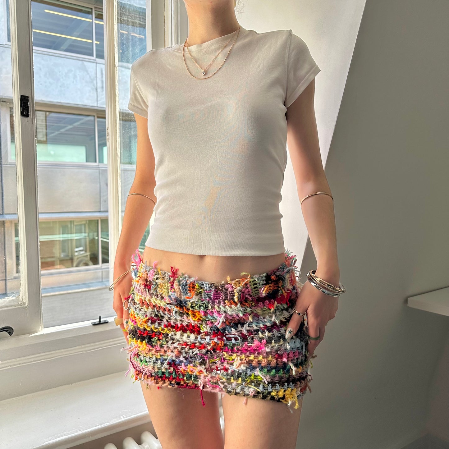 Handmade scrappy crochet mini skirt - 1 of 1, made of leftover yarn scraps (pre made)