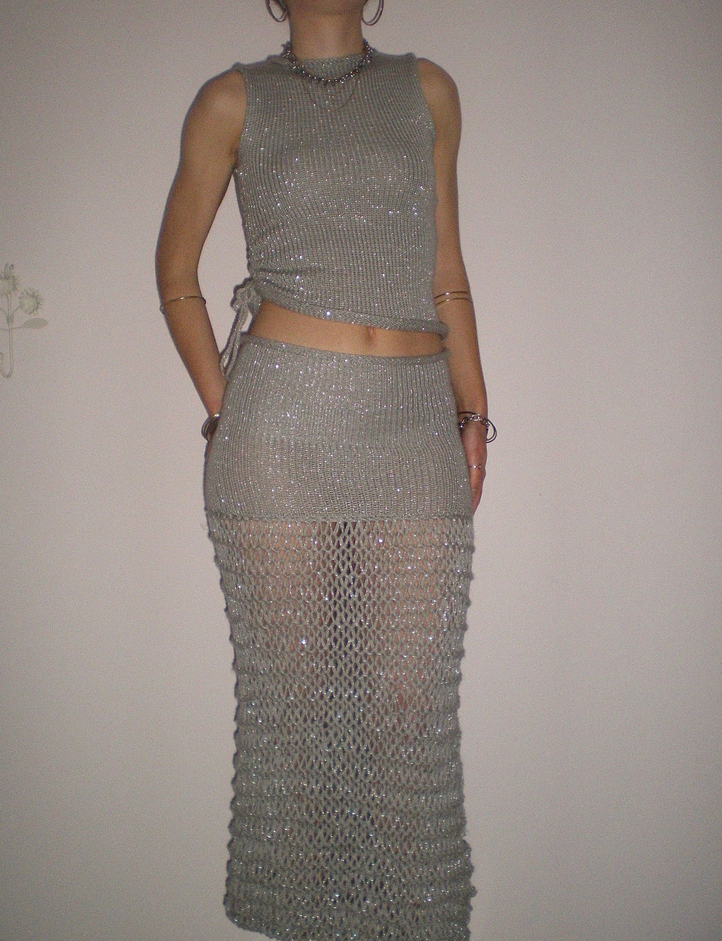 The Chainmail Skirt - handmade silver metallic mesh maxi skirt