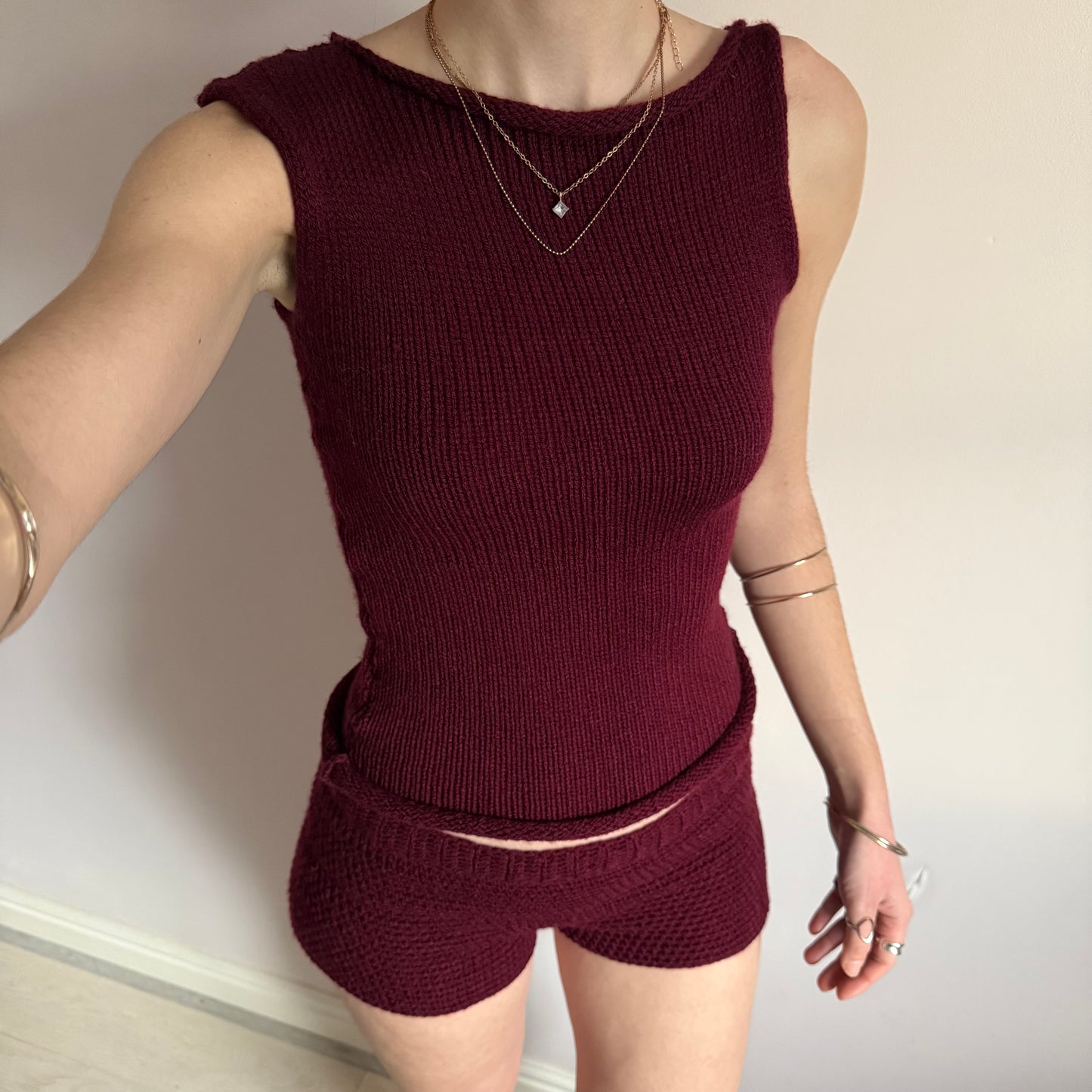 Handmade burgundy off the shoulder knit vest