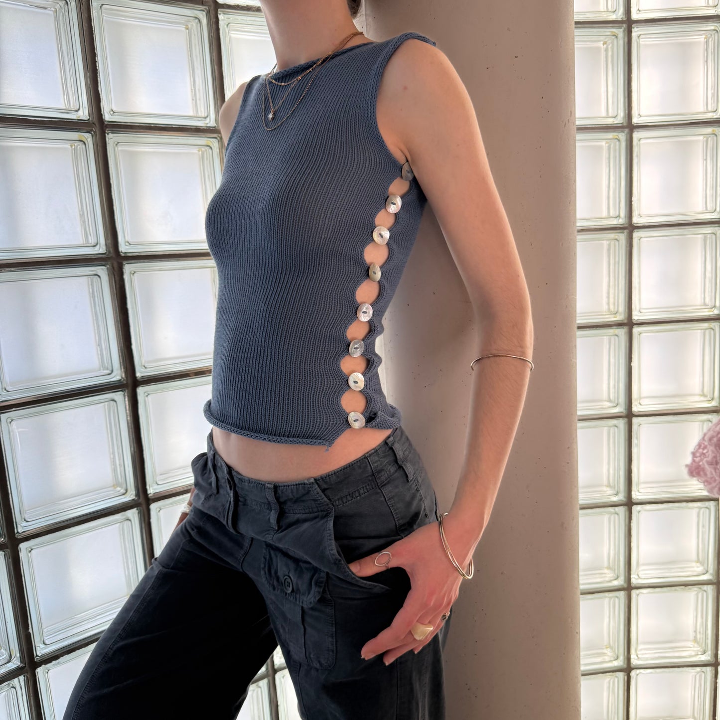 The Pearl Vest - handmade denim blue knitted vest with mother of pearl buttons