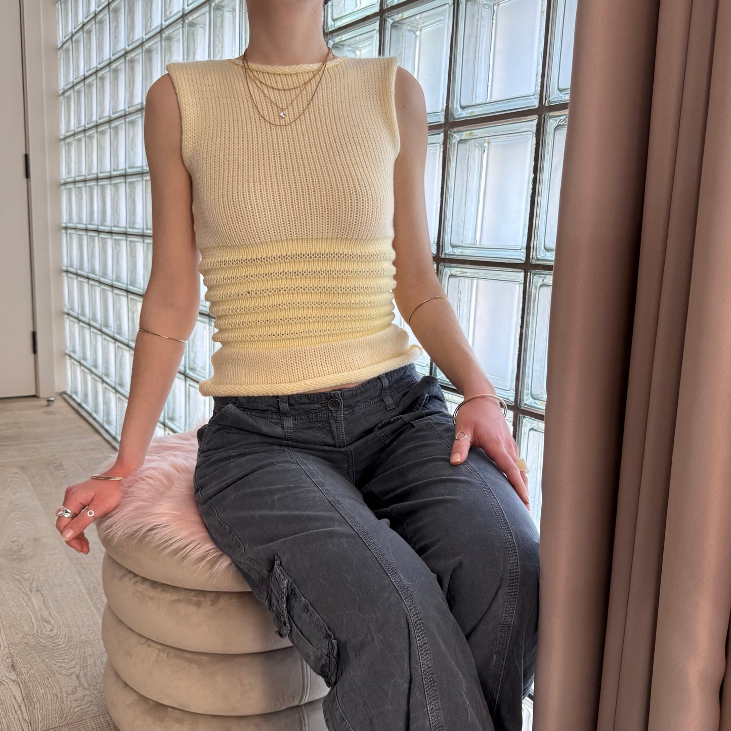 Handmade butter yellow shirred knitted vest