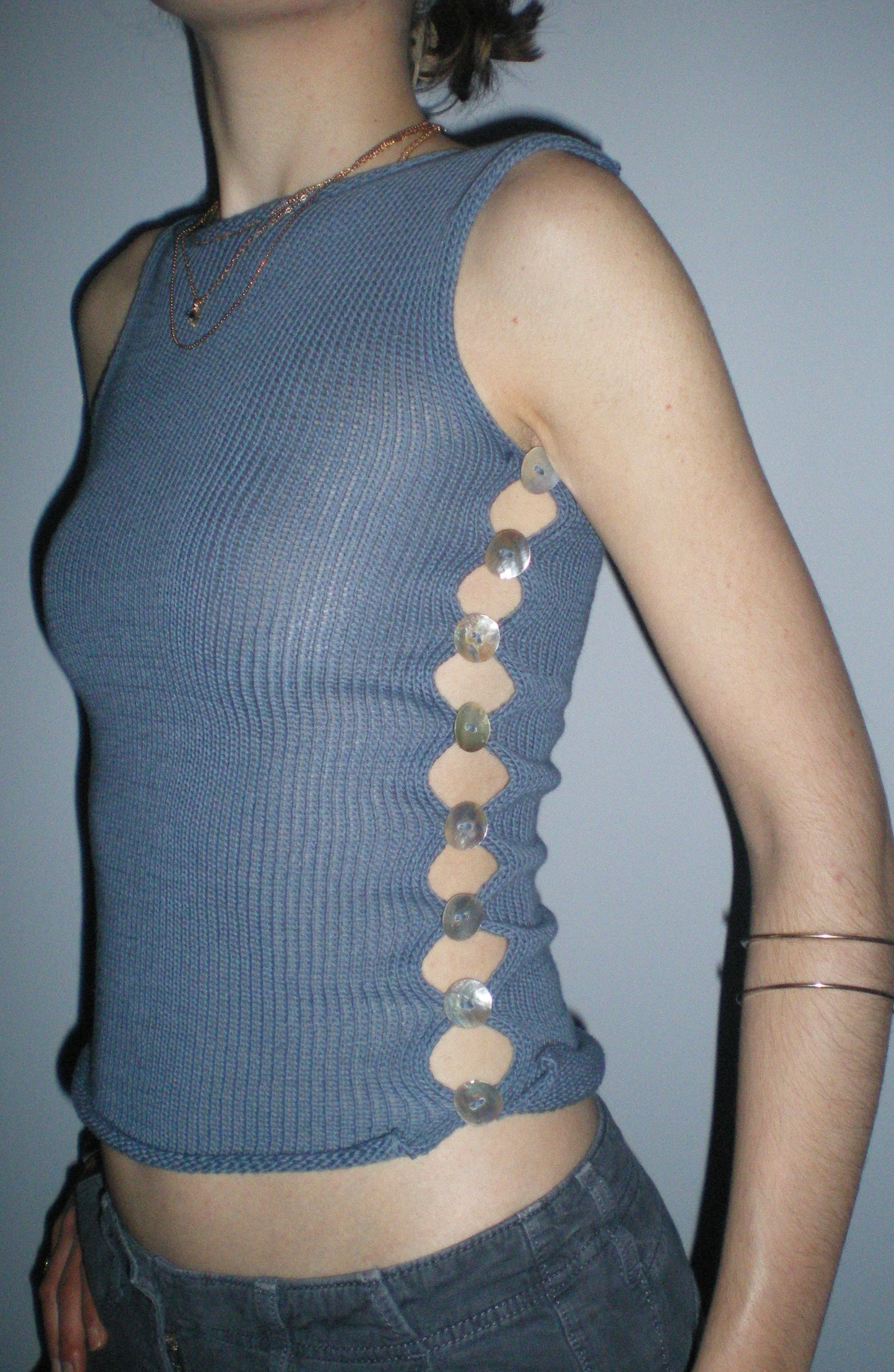 The Pearl Vest - handmade denim blue knitted vest with mother of pearl buttons