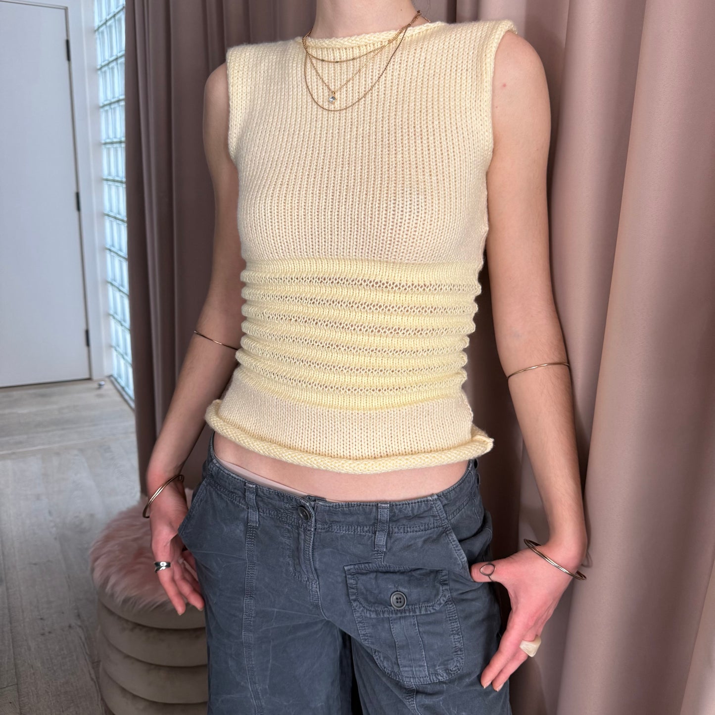 Handmade butter yellow shirred knitted vest