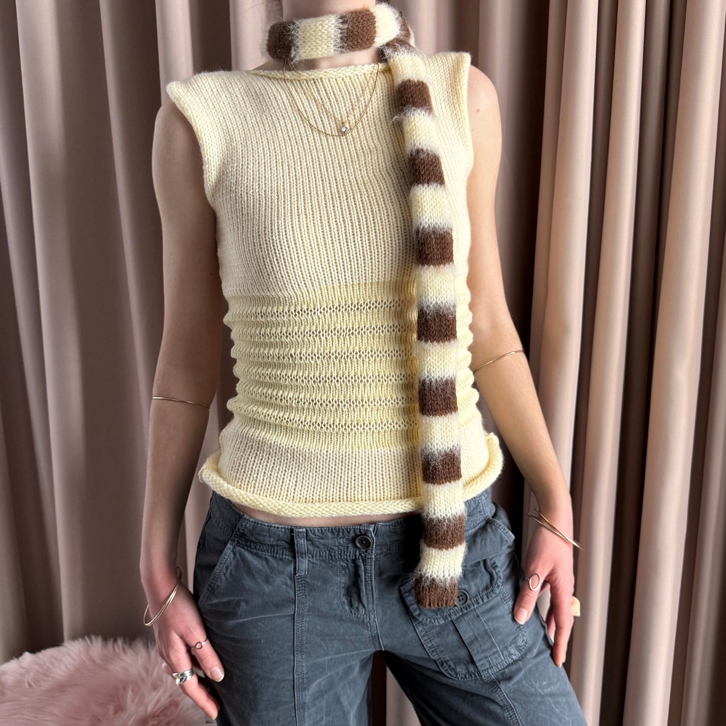 Handmade butter yellow shirred knitted vest