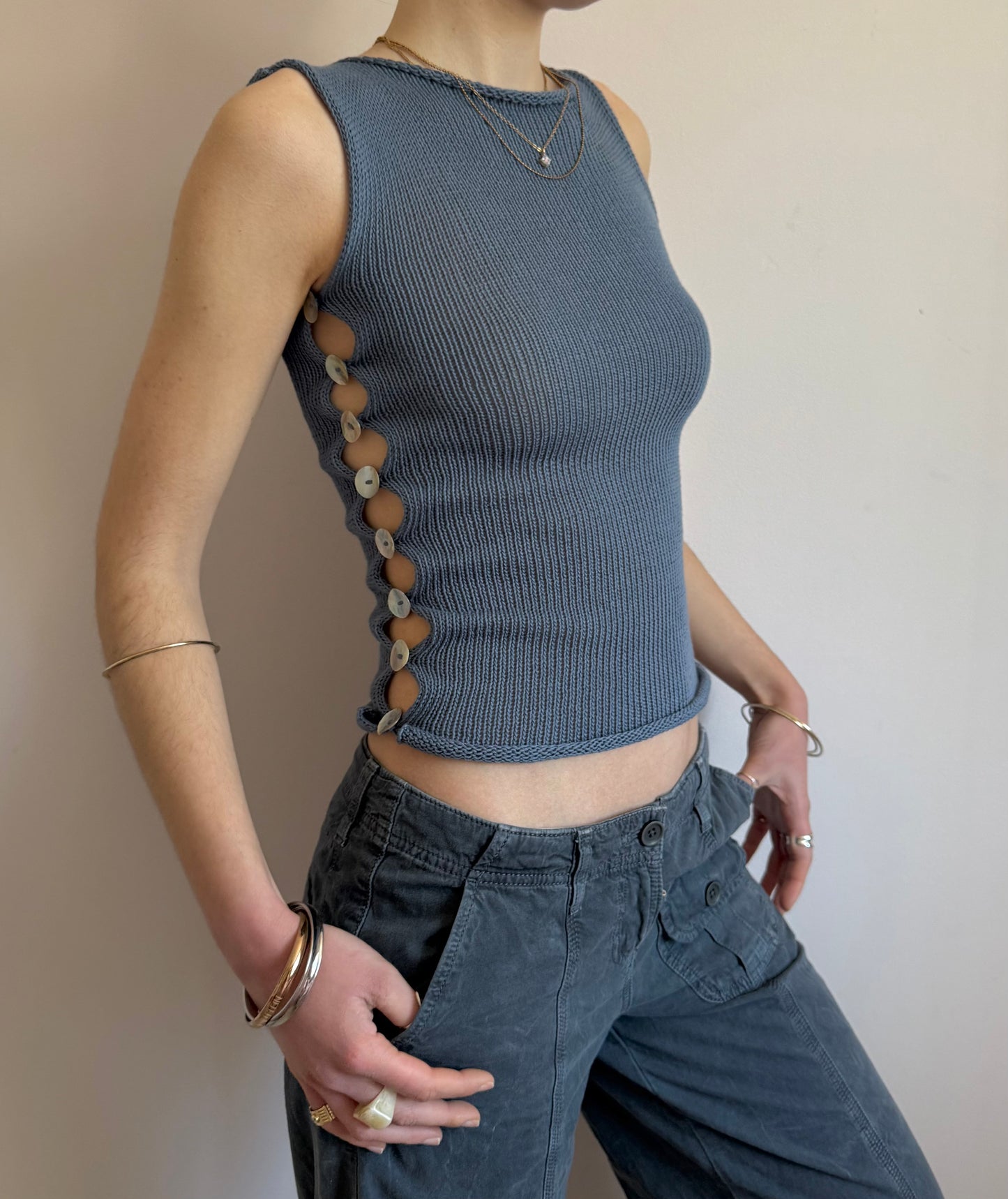The Pearl Vest - handmade denim blue knitted vest with mother of pearl buttons