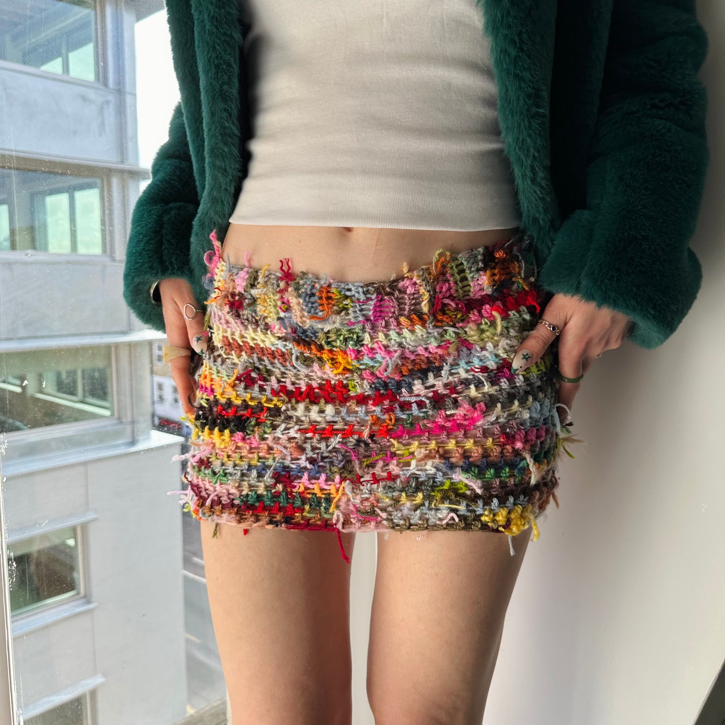 Handmade scrappy crochet mini skirt - 1 of 1, made of leftover yarn scraps (pre made)