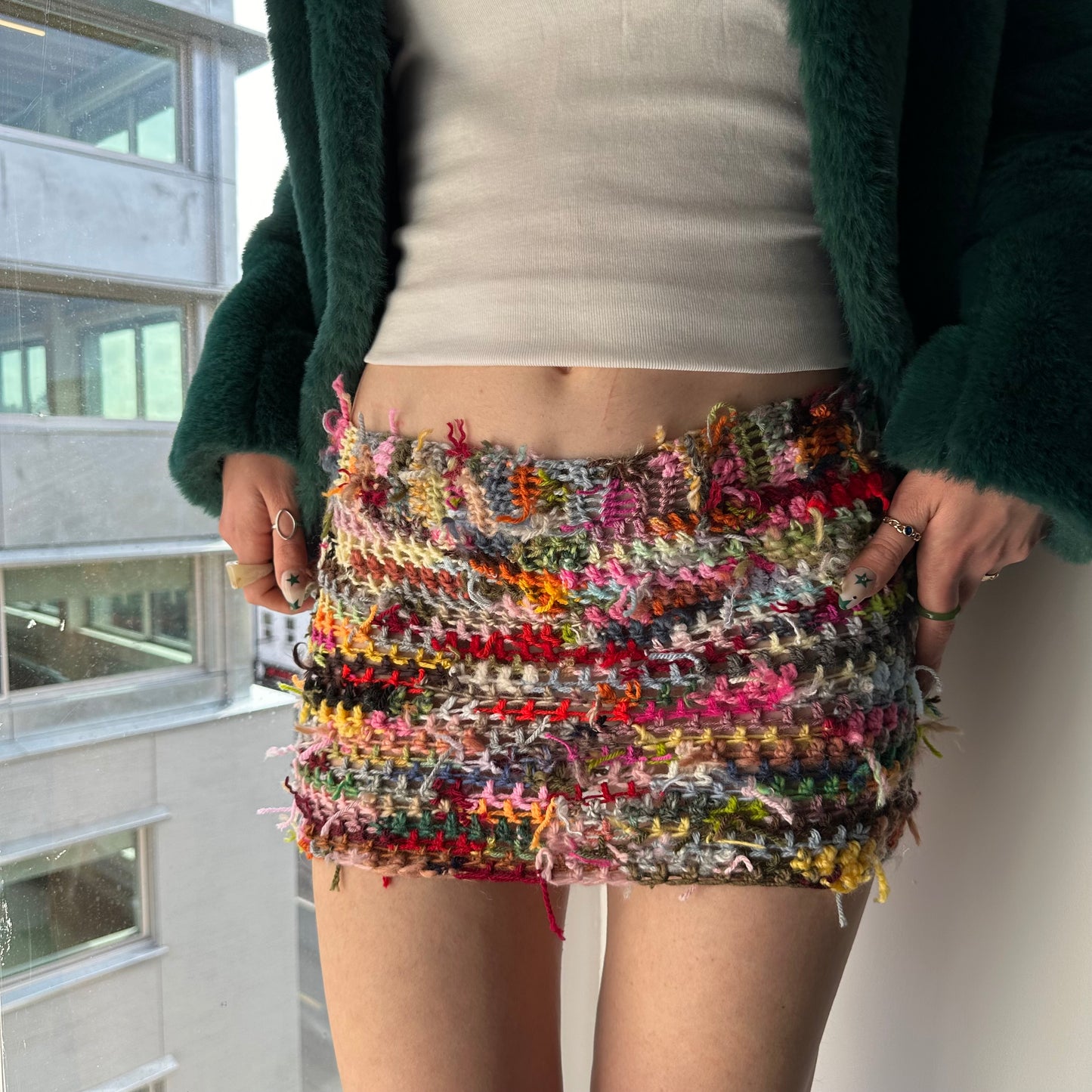 Handmade scrappy crochet mini skirt - 1 of 1, made of leftover yarn scraps (pre made)