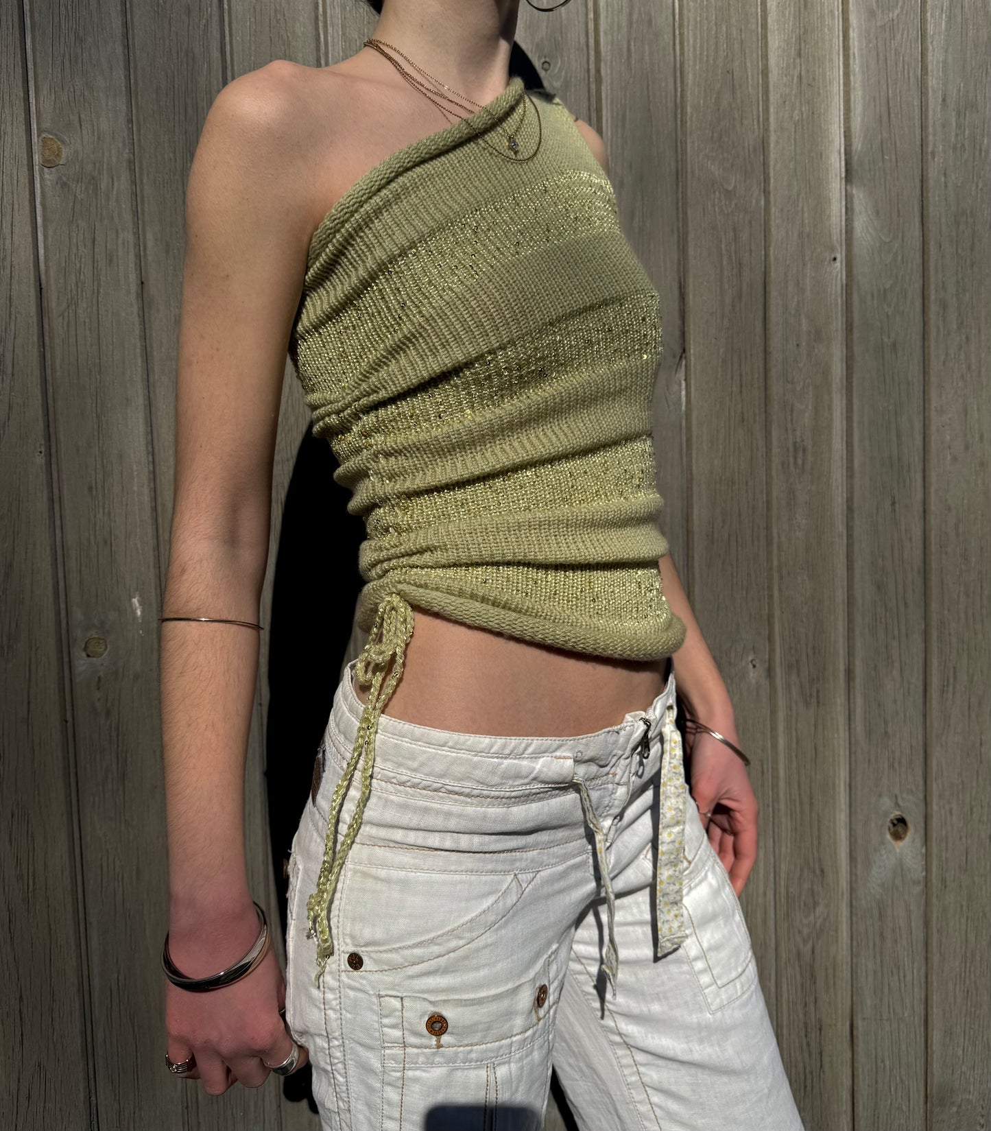 Handmade sparkly draped one shoulder knit top in matcha green