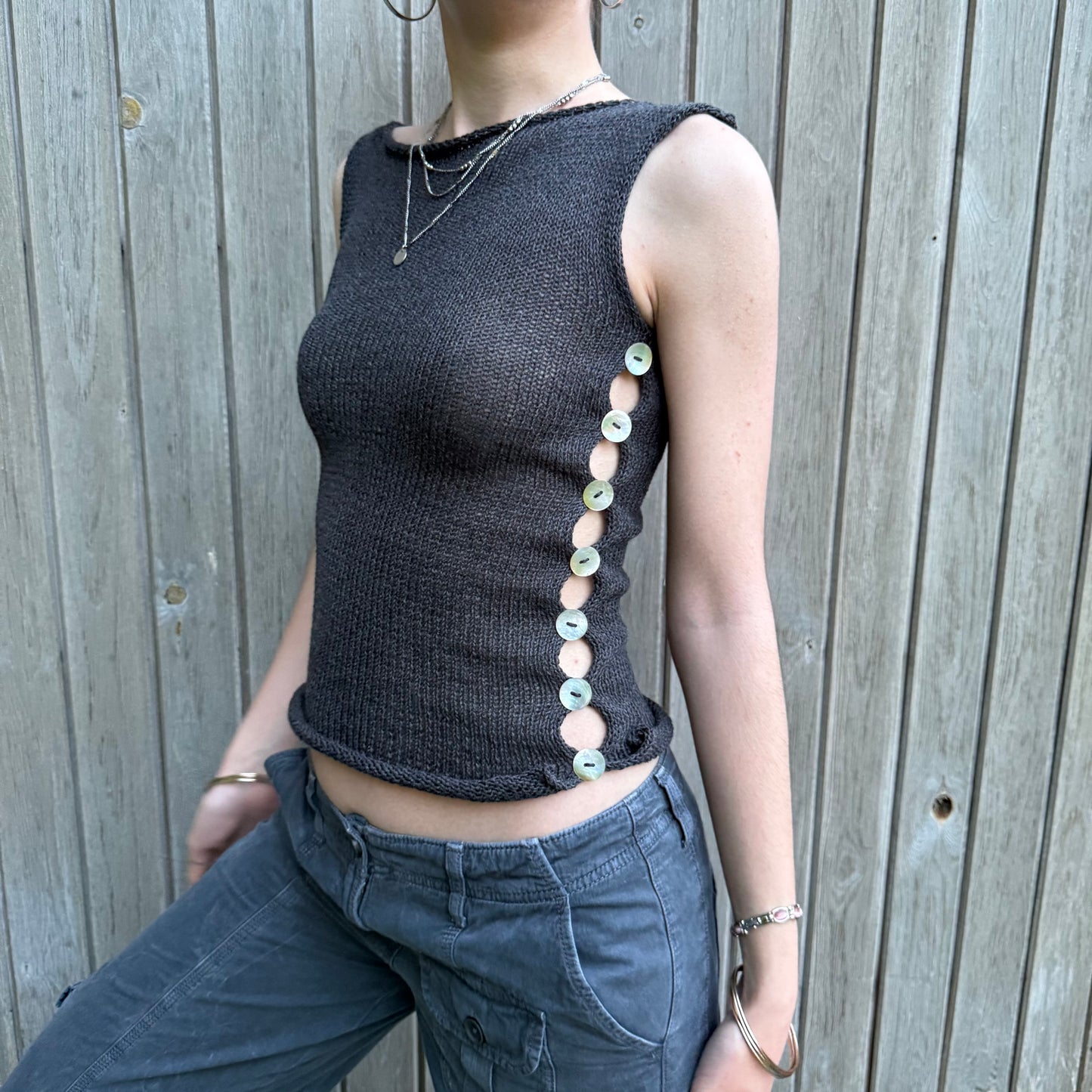 Handmade knitted Pearl Vest in charcoal grey with mother of pearl buttons