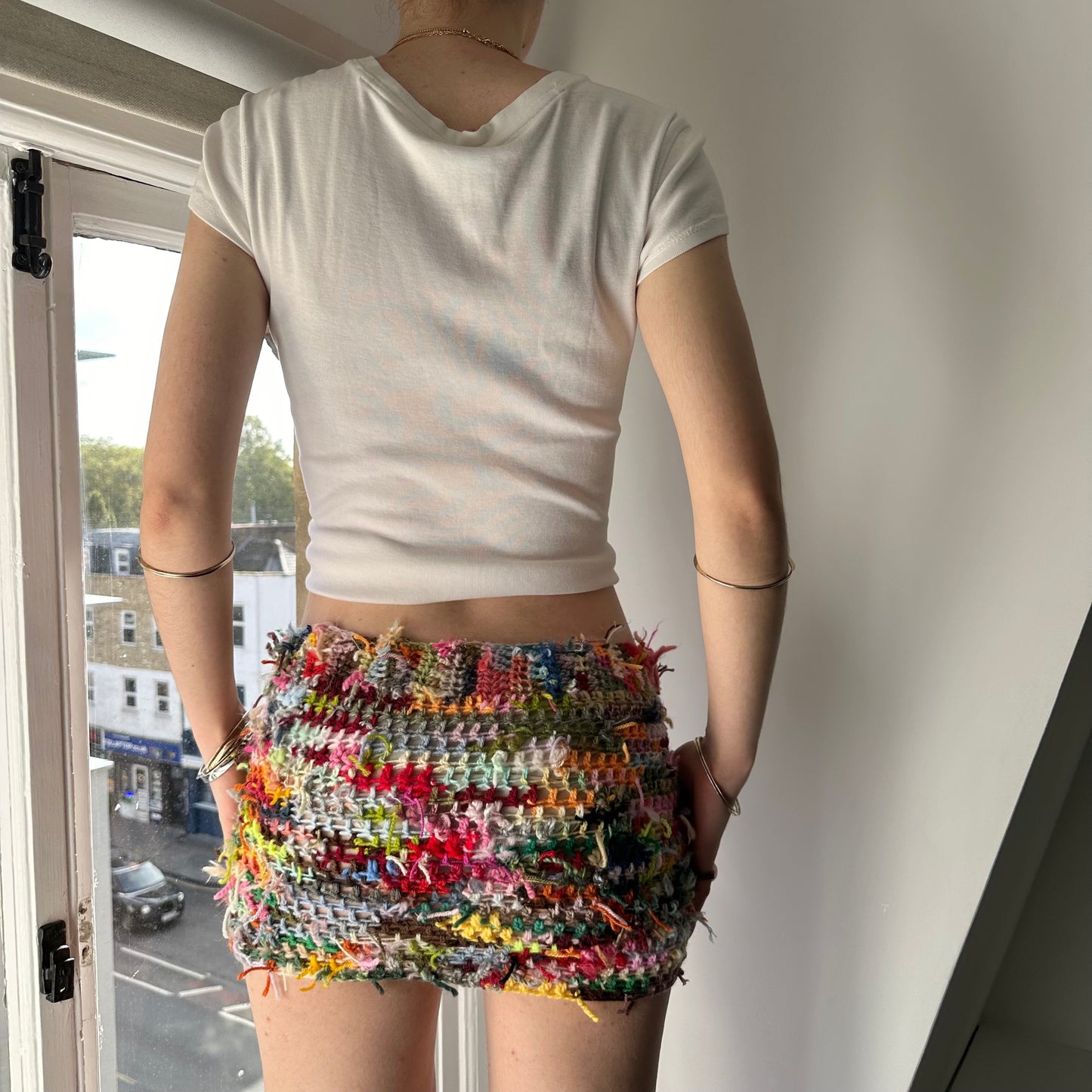 Handmade scrappy crochet mini skirt - 1 of 1, made of leftover yarn scraps (pre made)