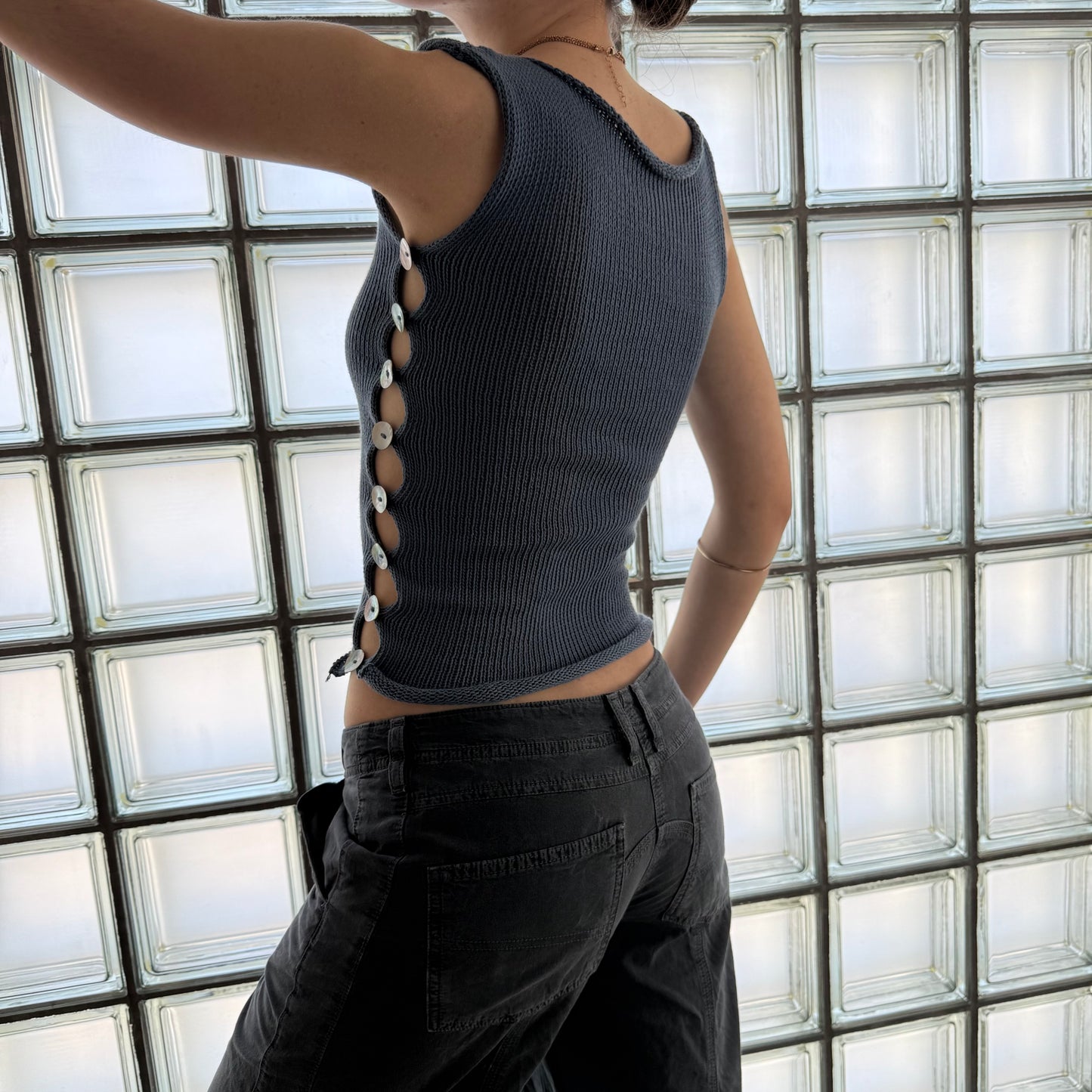 The Pearl Vest - handmade denim blue knitted vest with mother of pearl buttons