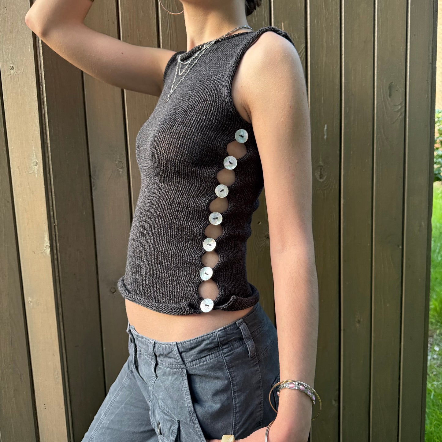Handmade knitted Pearl Vest in charcoal grey with mother of pearl buttons