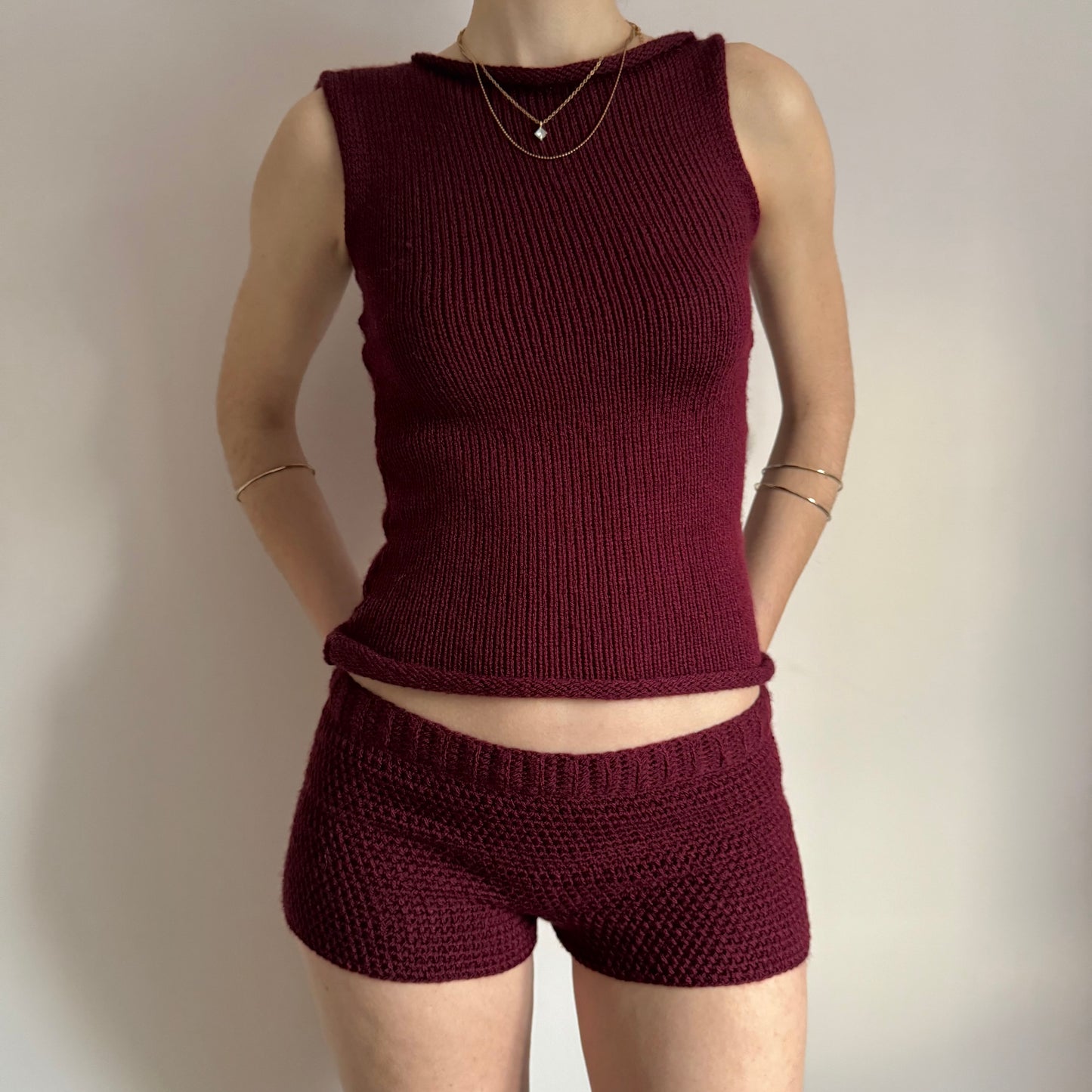 Handmade burgundy off the shoulder knit vest