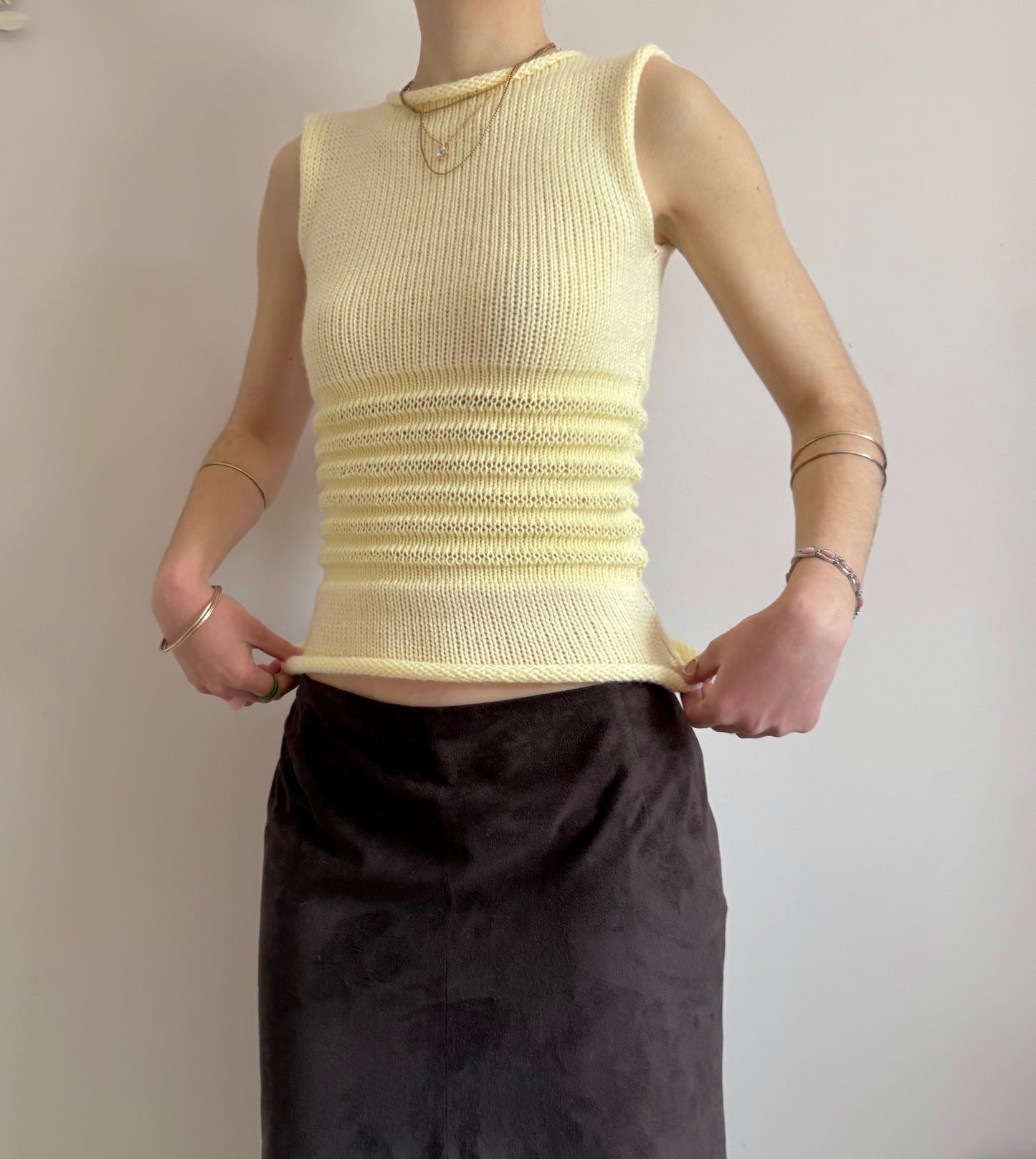 Handmade butter yellow shirred knitted vest