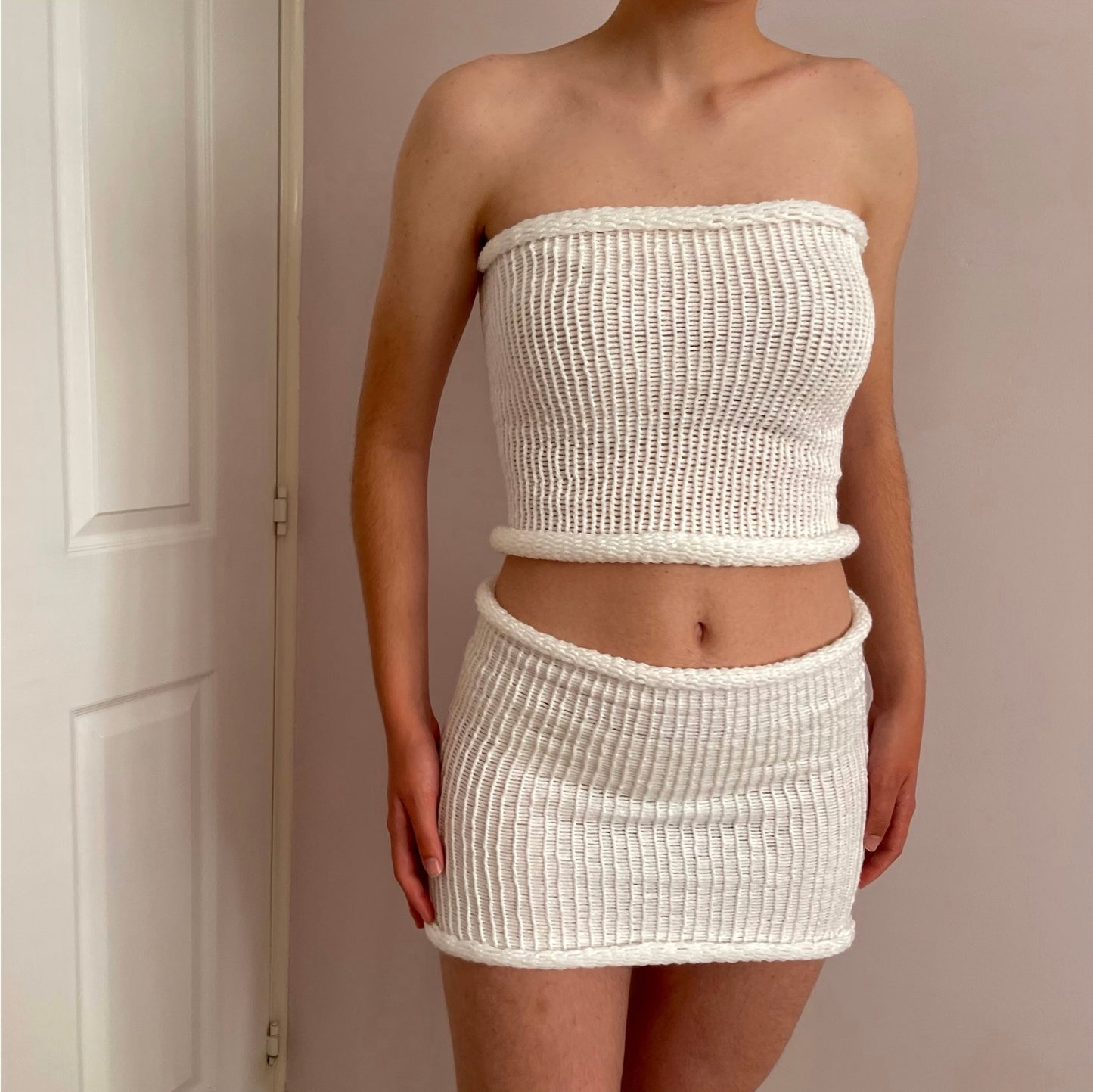 SET: Handmade knitted bandeau top and skirt in white