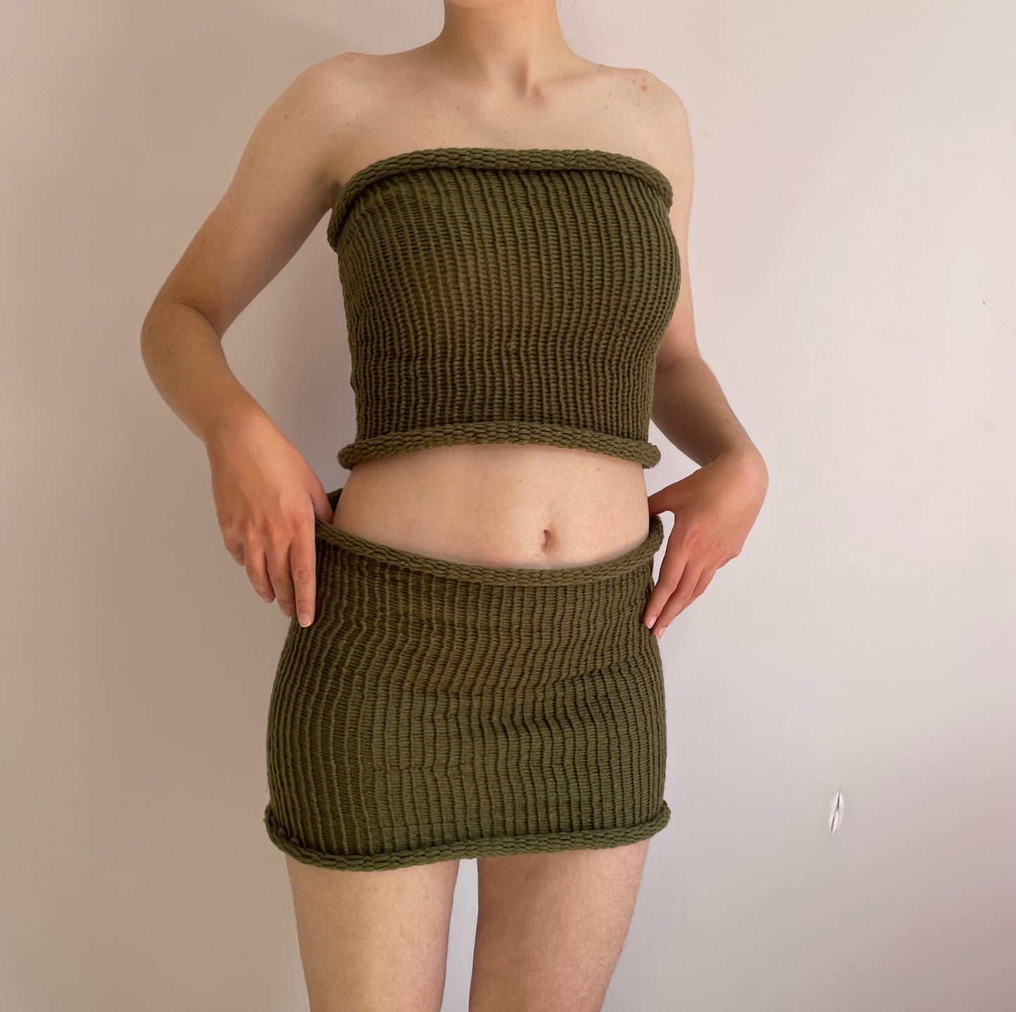 SET: Handmade knitted bandeau top and skirt in khaki green