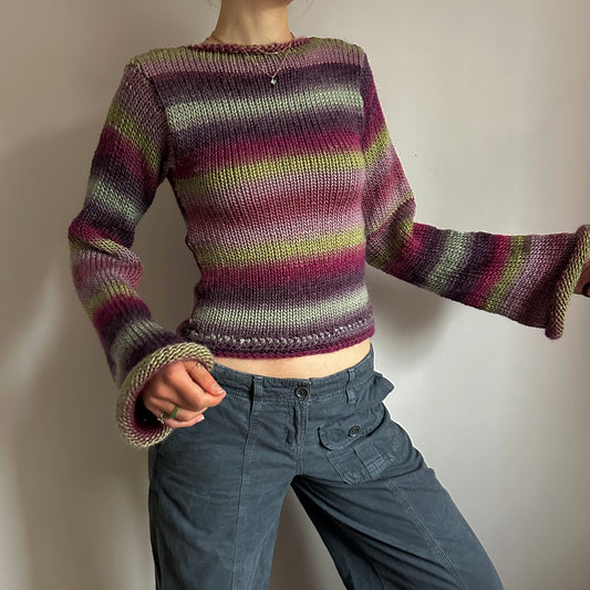 Handmade ombré knitted flared sleeve jumper in green and purple shades