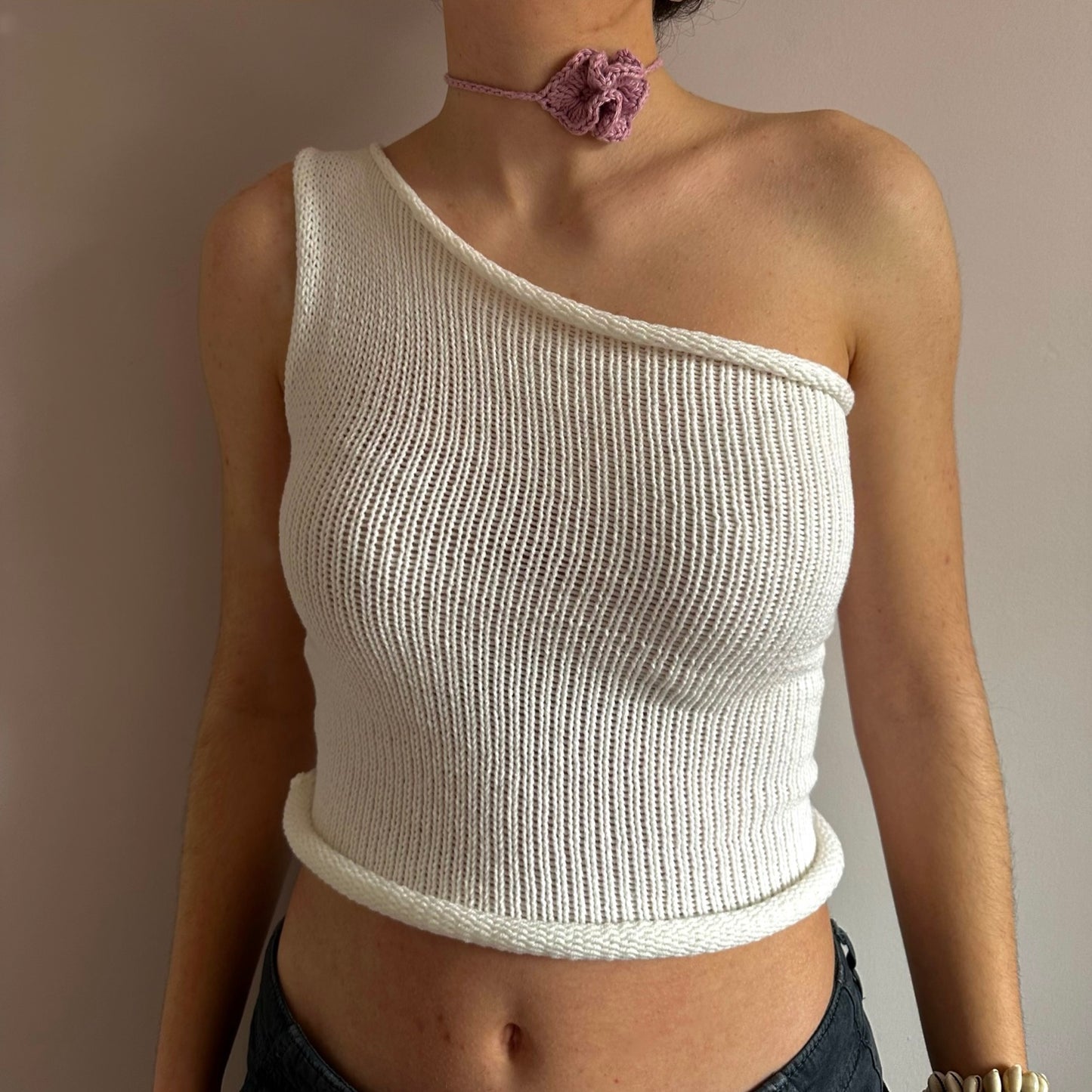 Handmade knitted white cotton asymmetrical one shoulder top